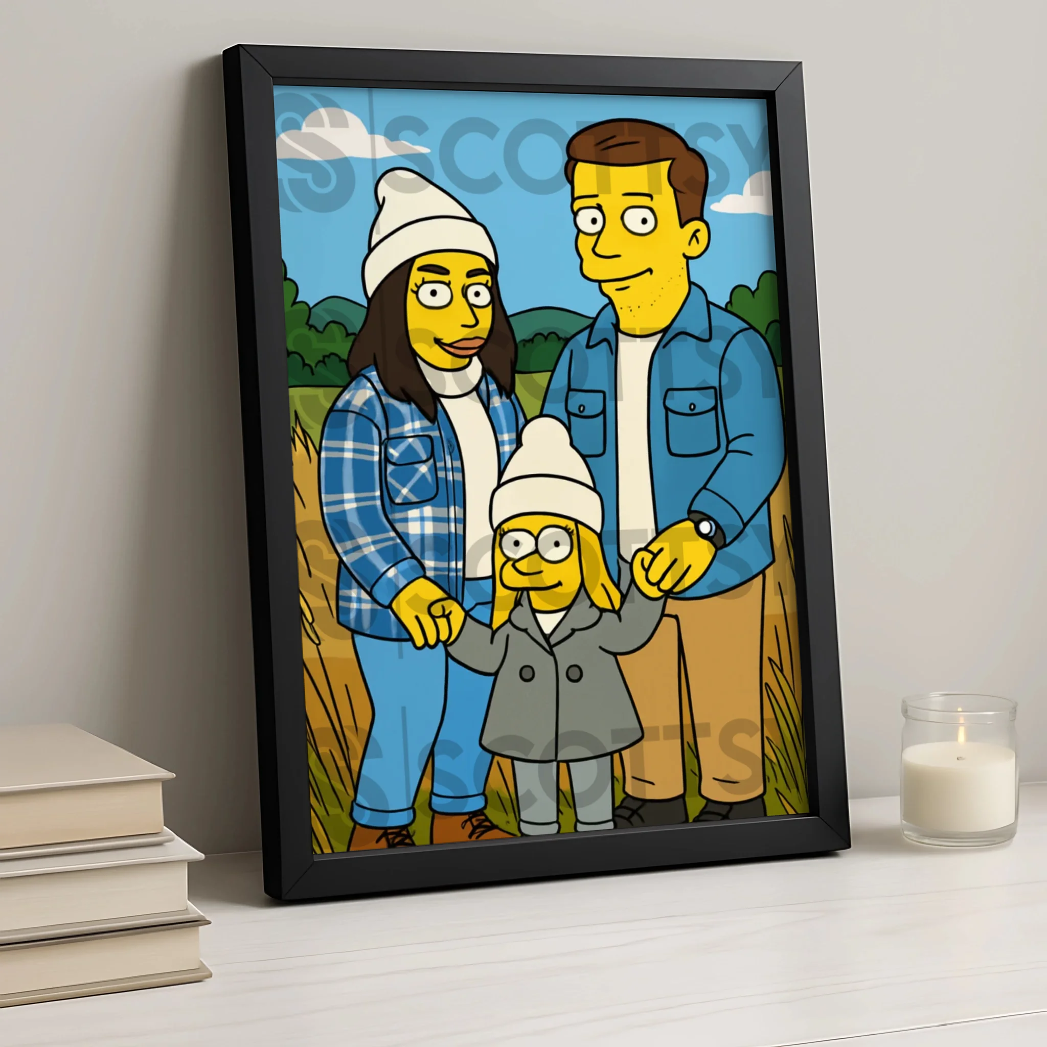 Custom cartoon photo frame with a personalised family portrait illustration