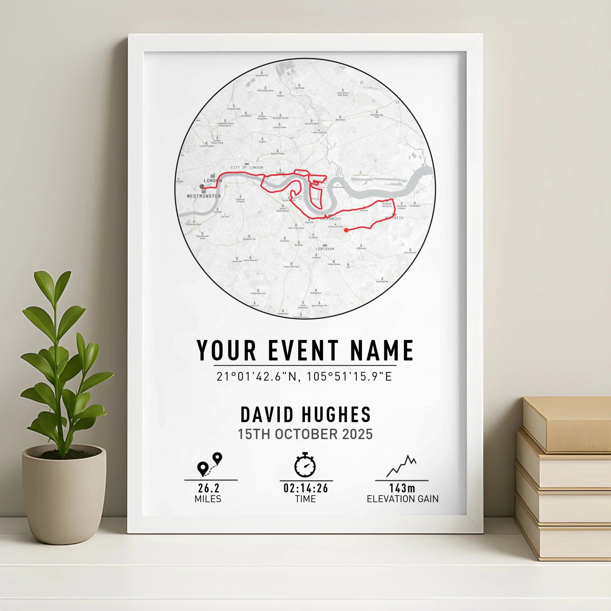Personalised route map print in a white photo frame with minimal design and coordinate details