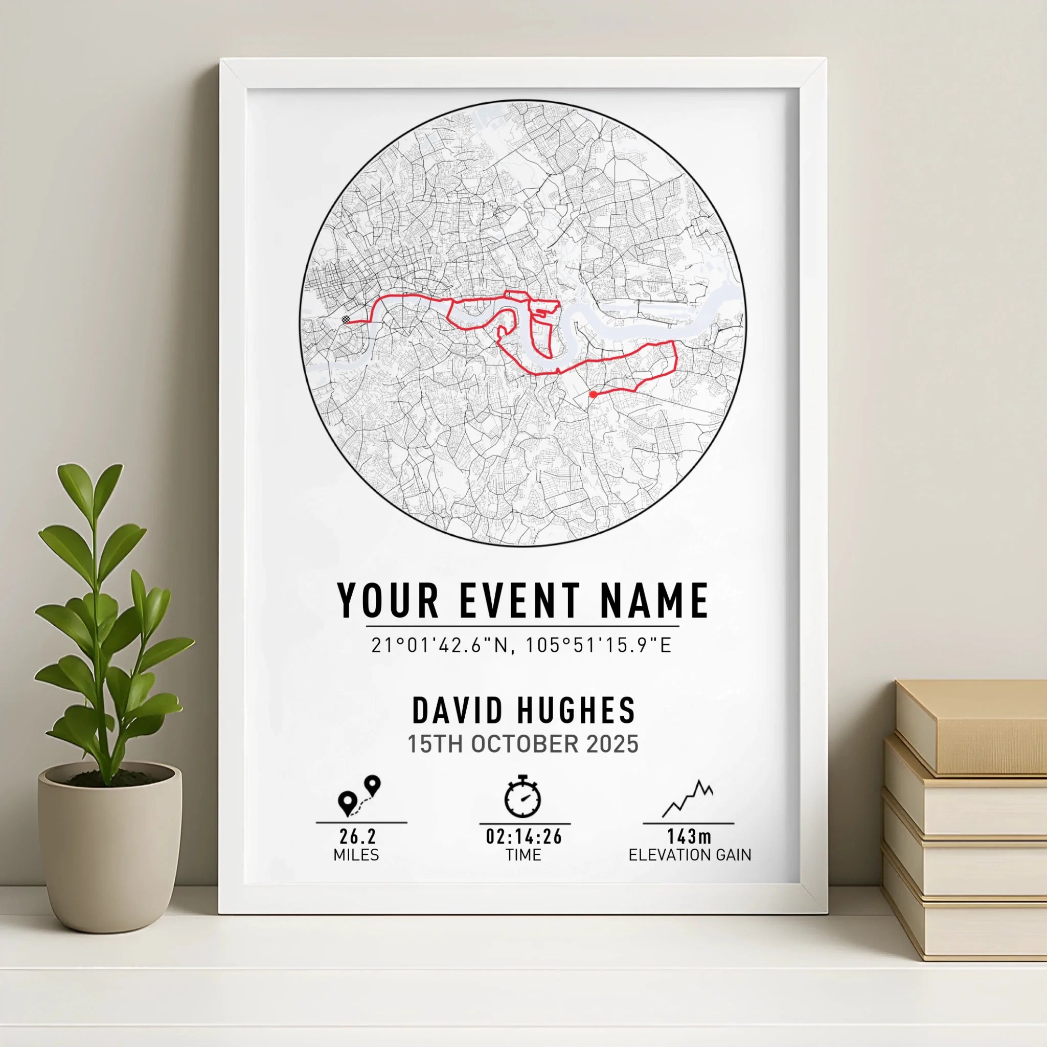 White framed personalised route map print showing a mapped run or cycle route