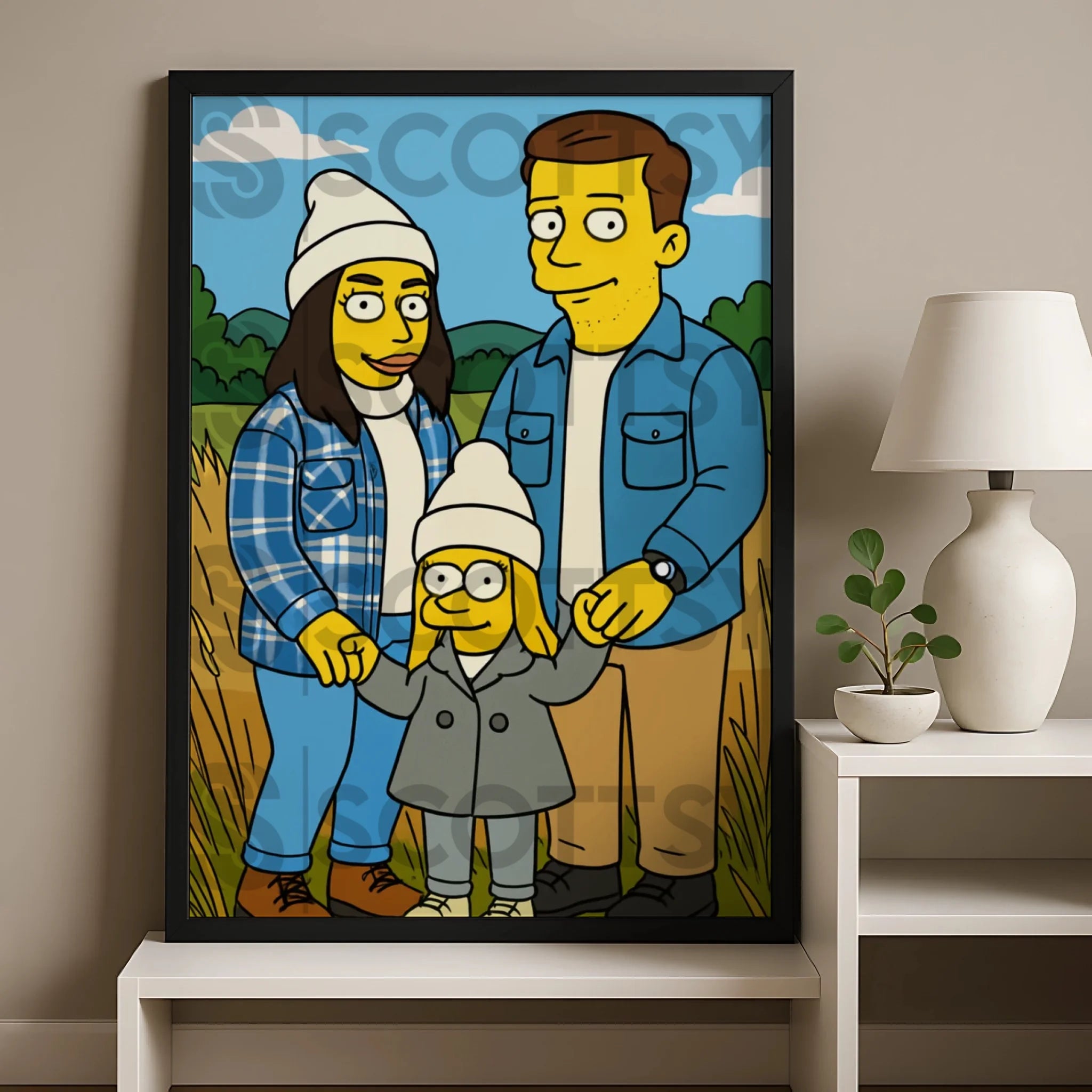 Personalised pet cartoon portrait displayed in a photo frame