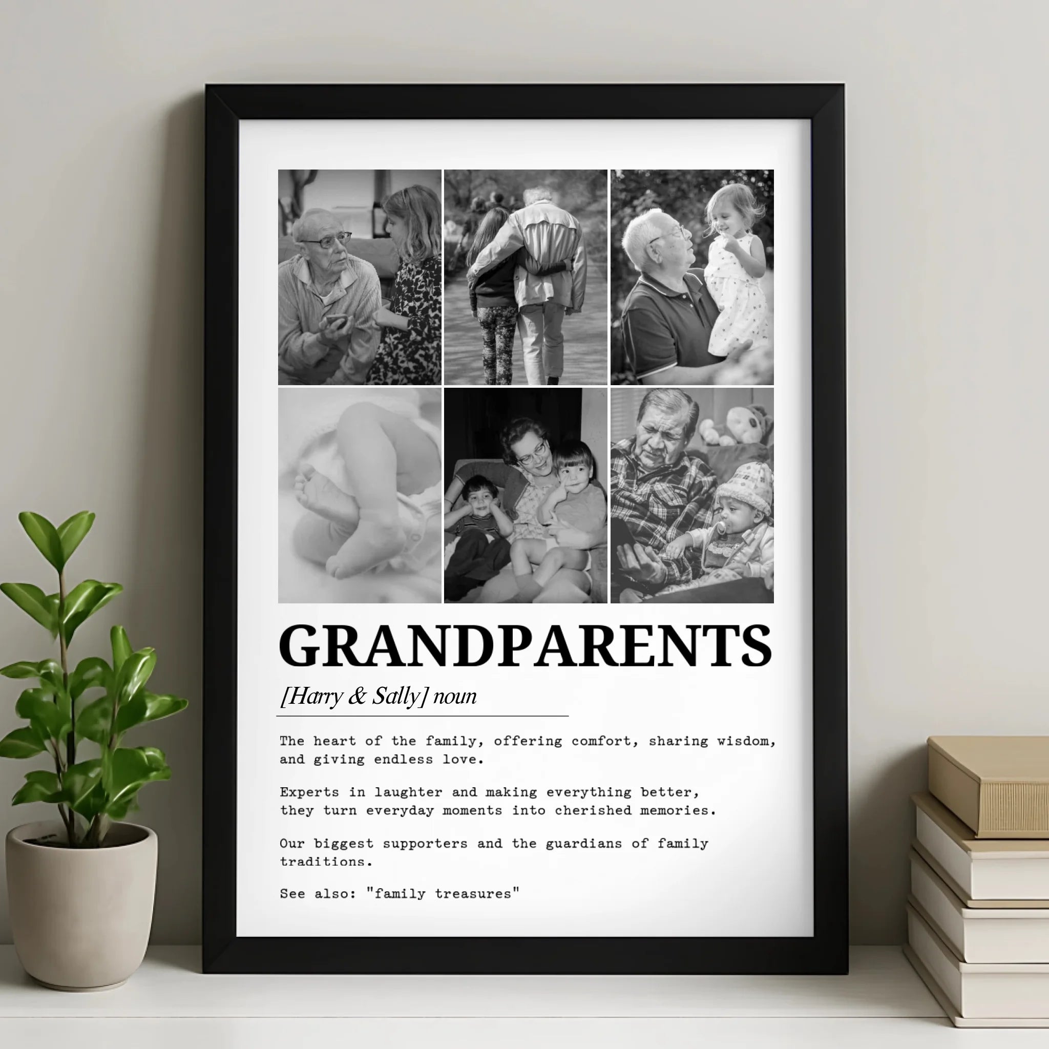 Personalised Grandparents Definition Photo Print | Custom 6 Picture Dictionary Art | Unique Family Milestone & Anniversary Gift | Black & White