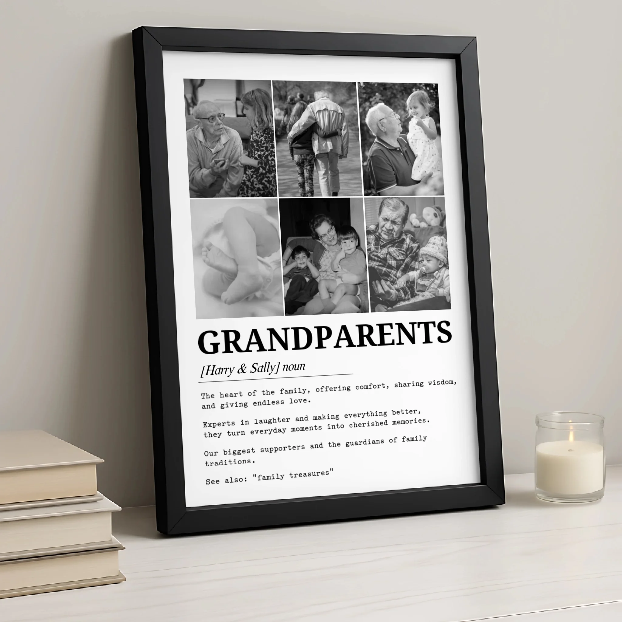 Personalised Grandparents Definition Photo Print | Custom 6 Picture Dictionary Art | Unique Family Milestone & Anniversary Gift | Black & White