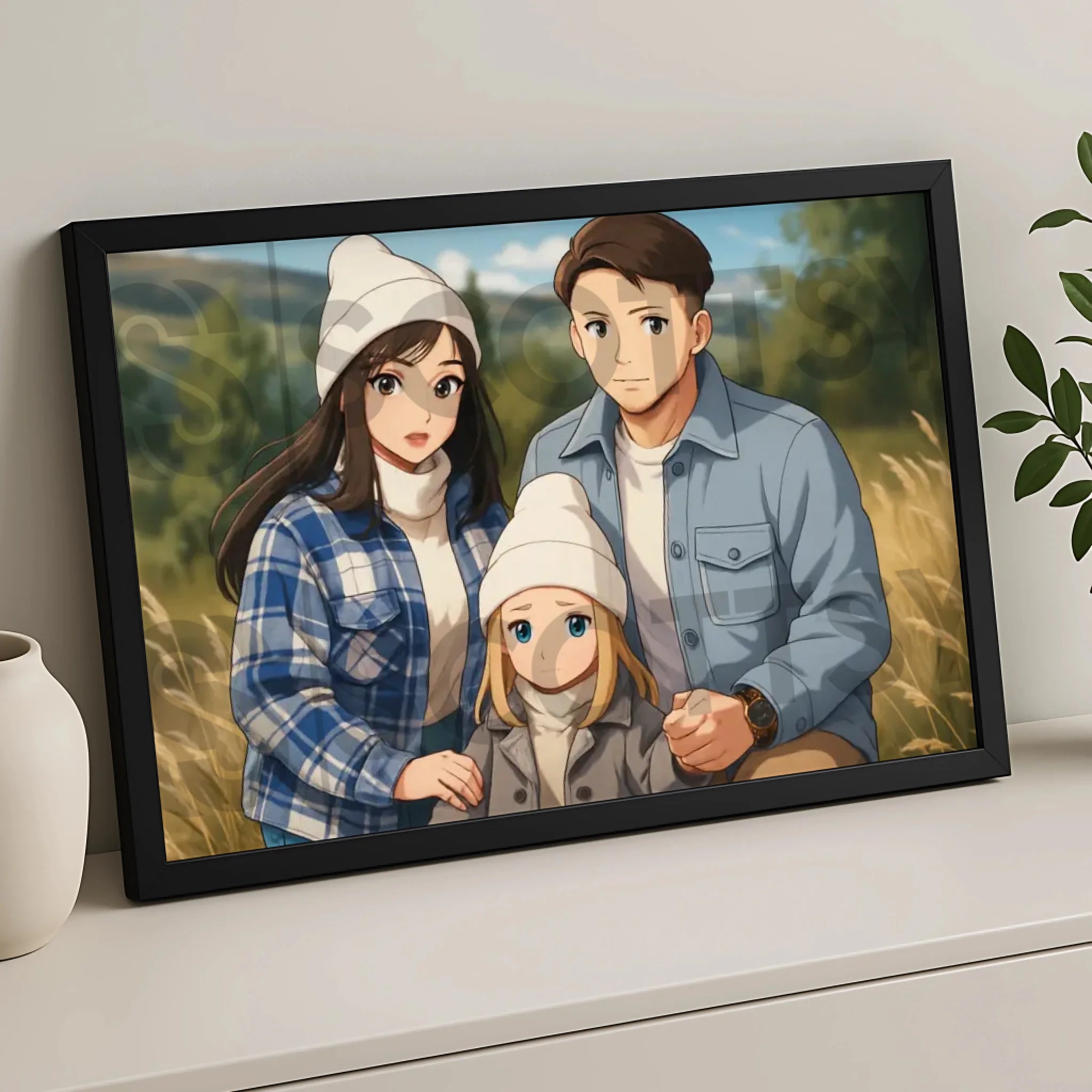 Personalised cartoon illustration portrait displayed in a photo frame