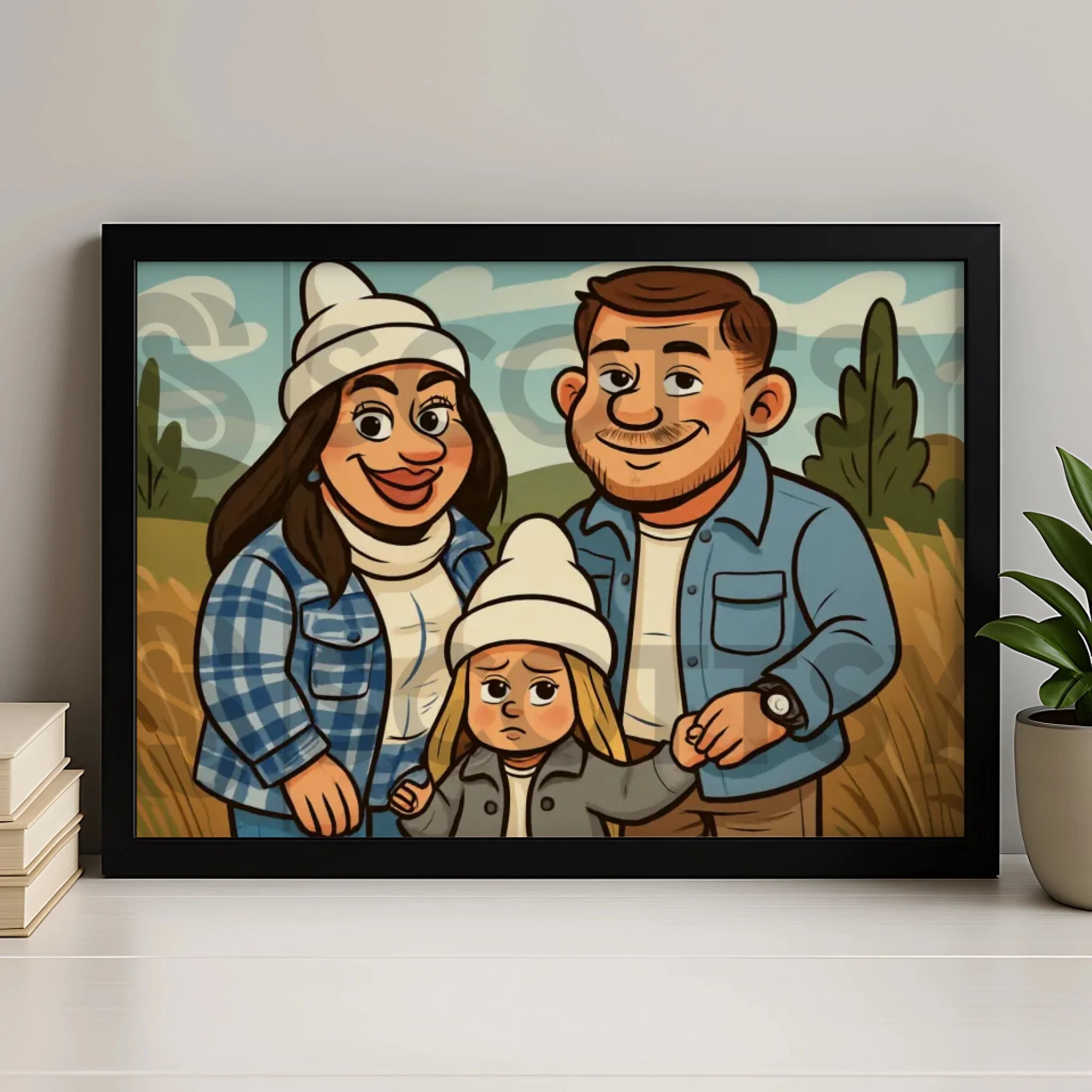 Custom caricature cartoon portrait in a personalised photo frame