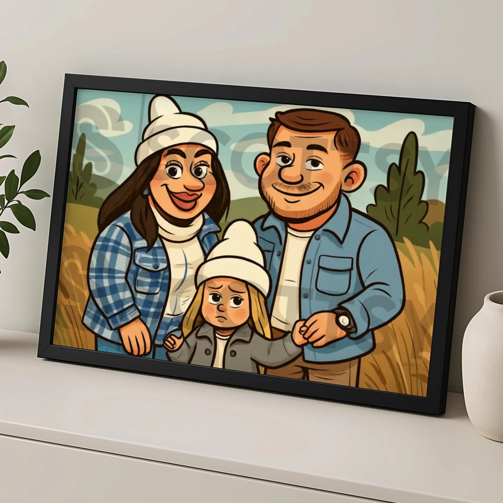 Personalised photo frame with a cartoon style portrait illustration