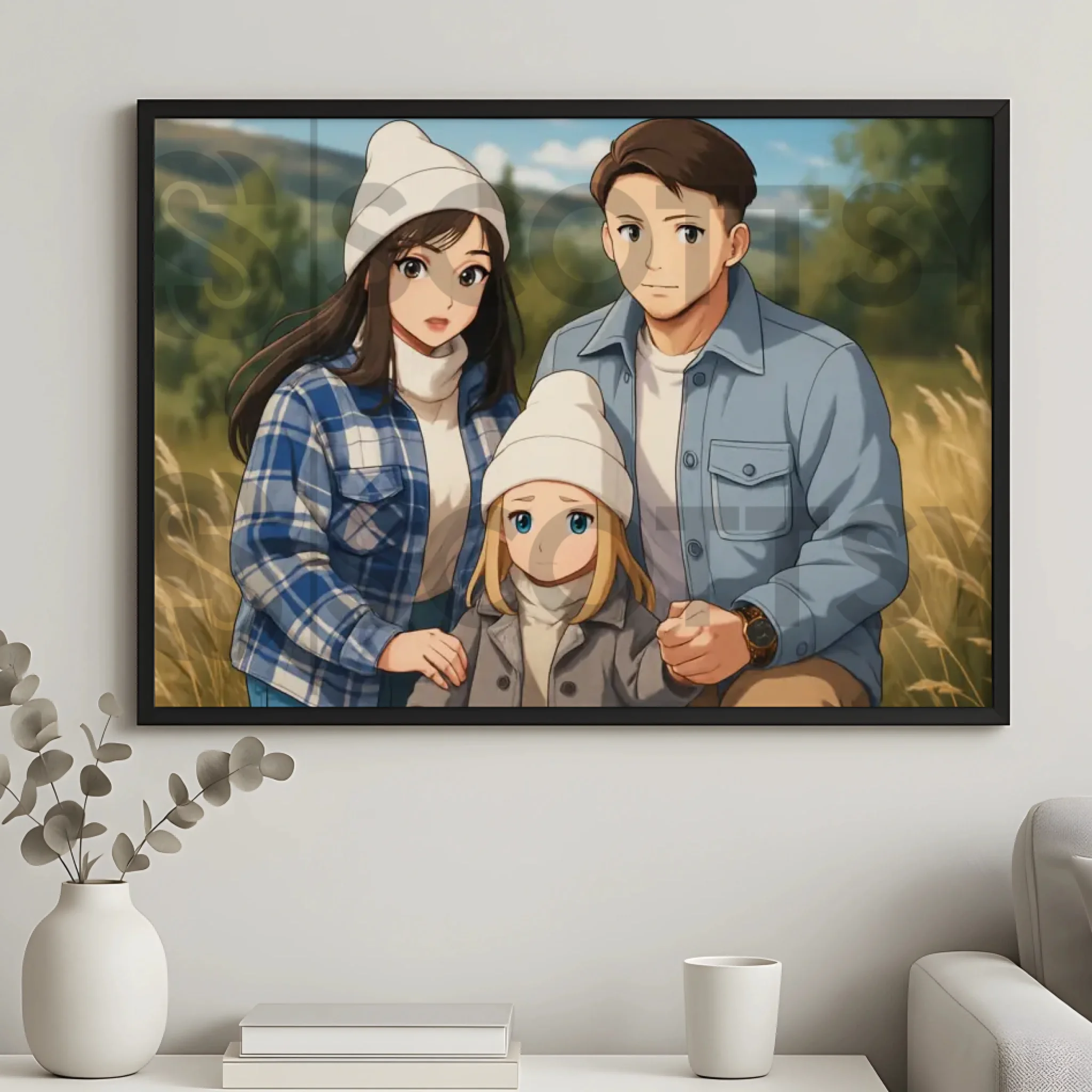 Personalised photo frame with custom anime cartoon illustration