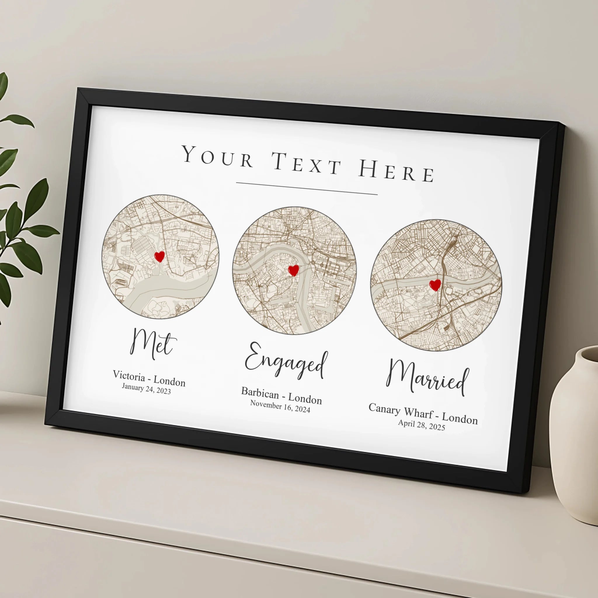 Custom our story map photo frame displayed on a shelf as a wedding or anniversary gift