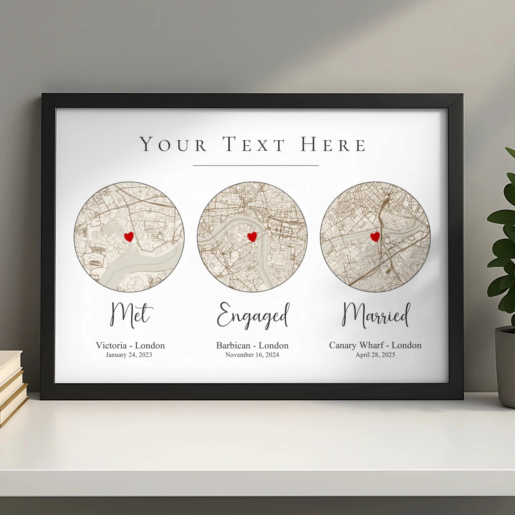 Personalised map print in a black frame with names and date, shown as a couple gift