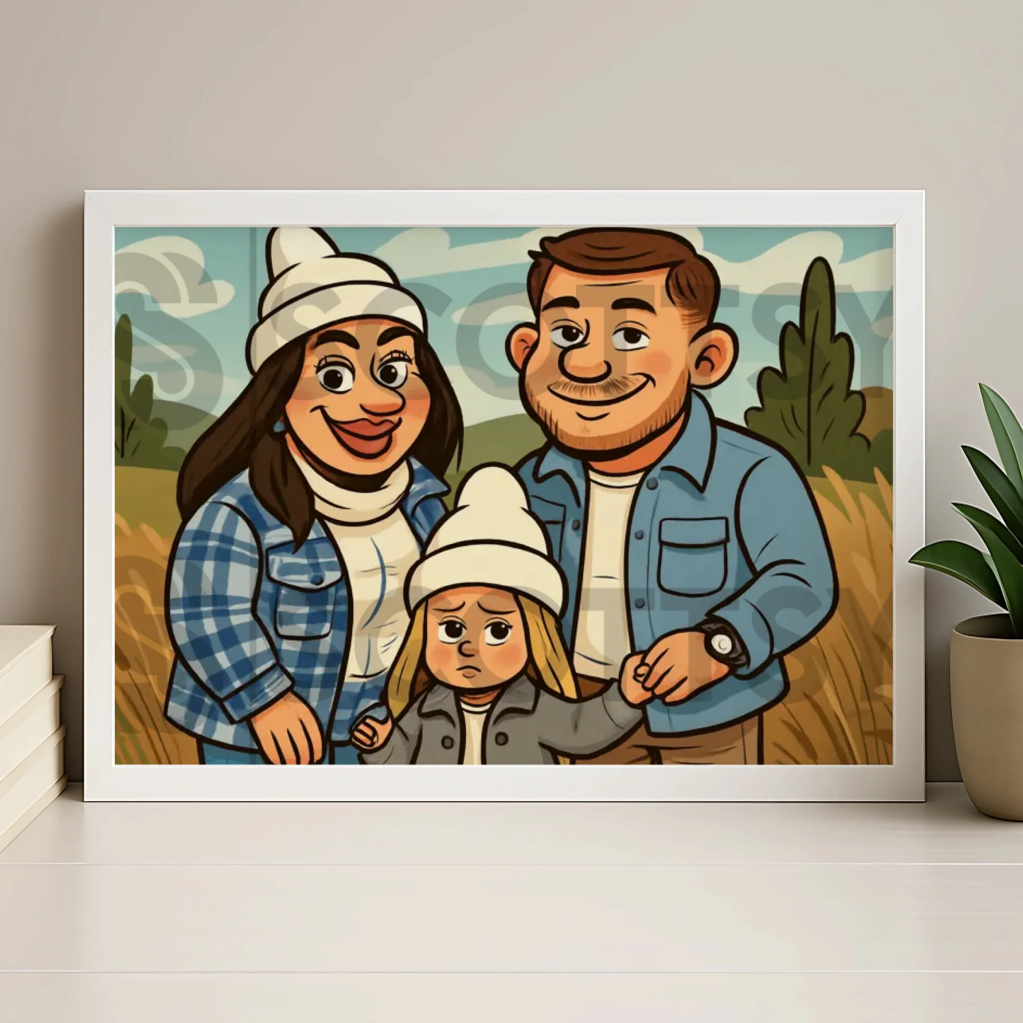 Wood personalised photo frame with custom caricature portrait