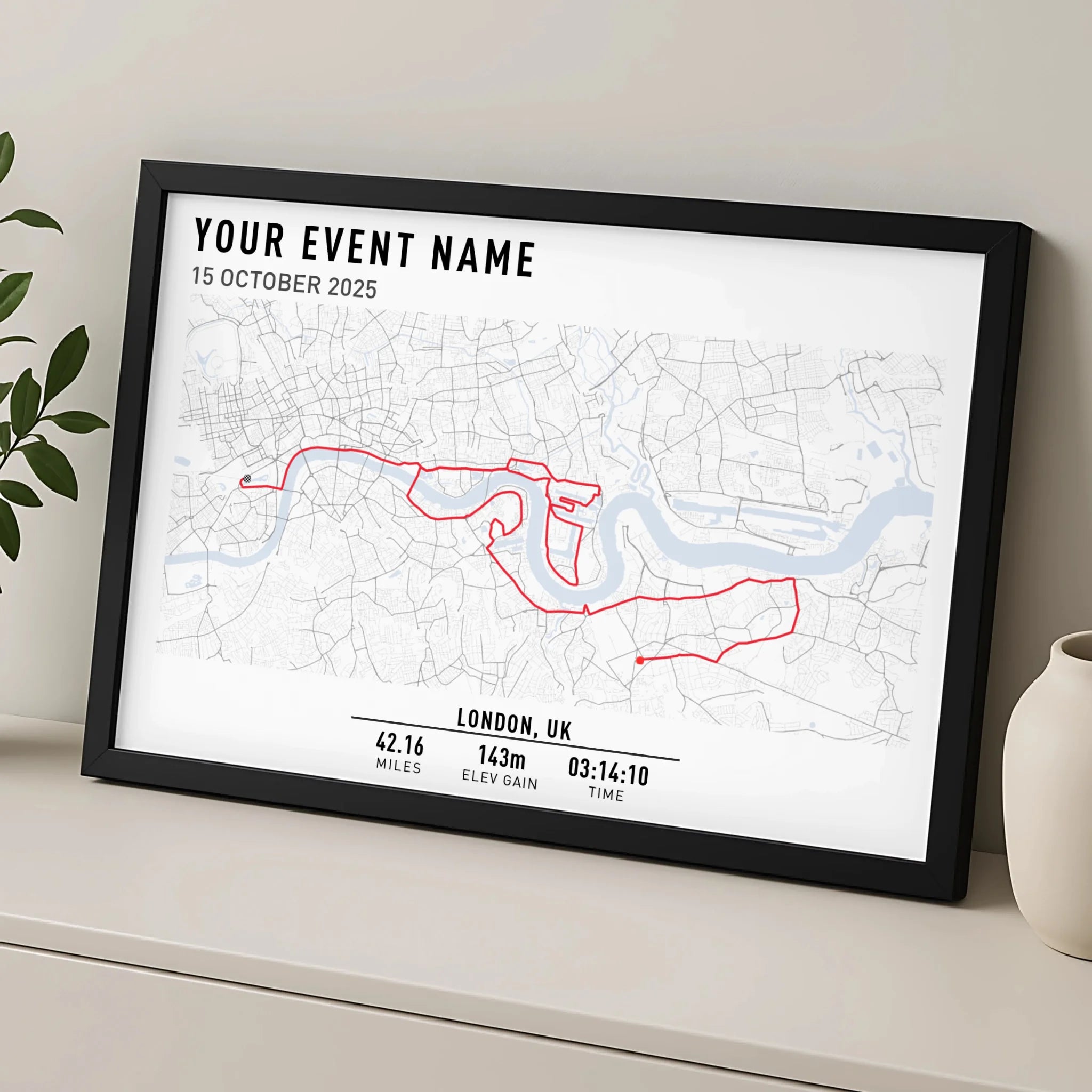 Personalised hiking route map print displayed in a photo frame