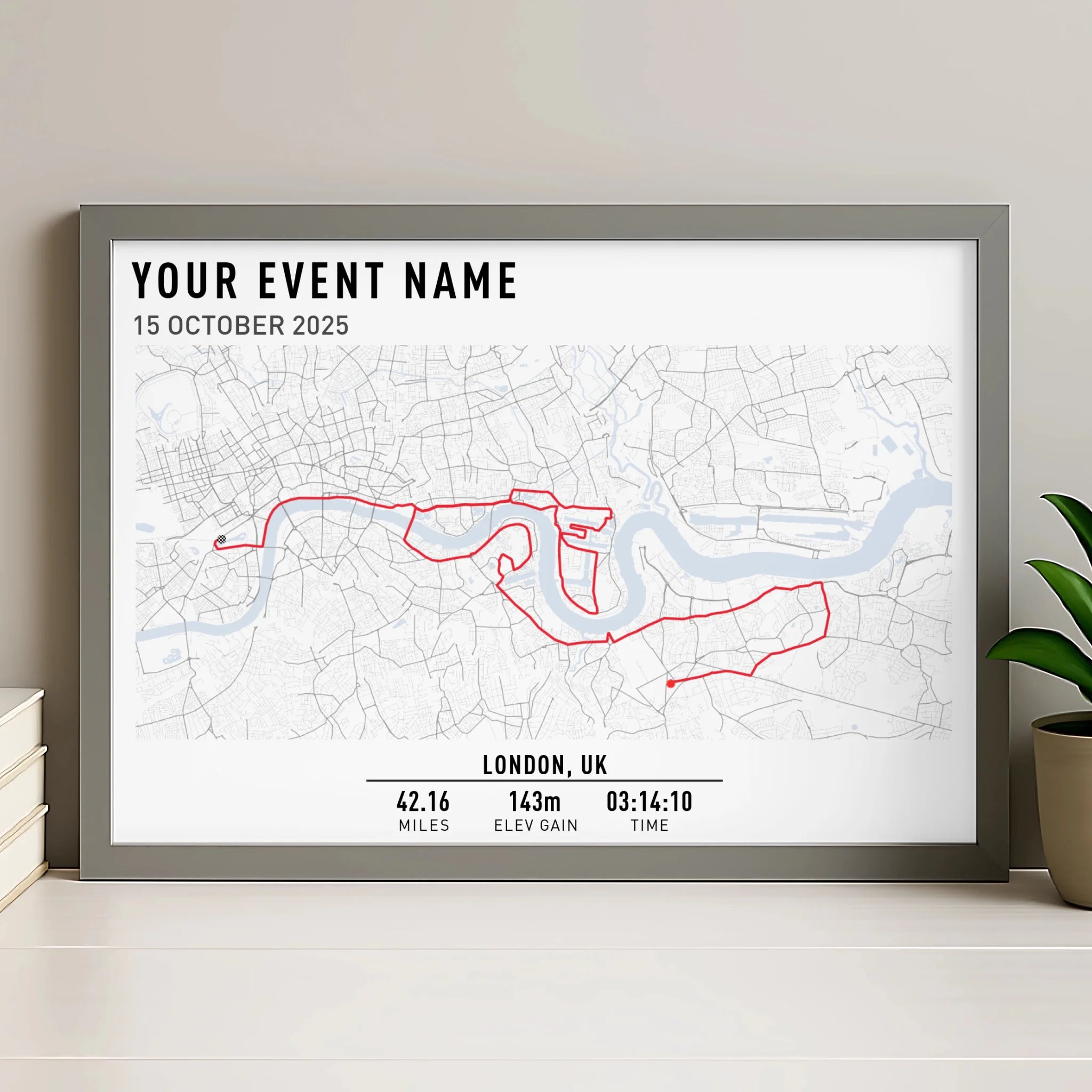 Personalised route map print in a grey photo frame