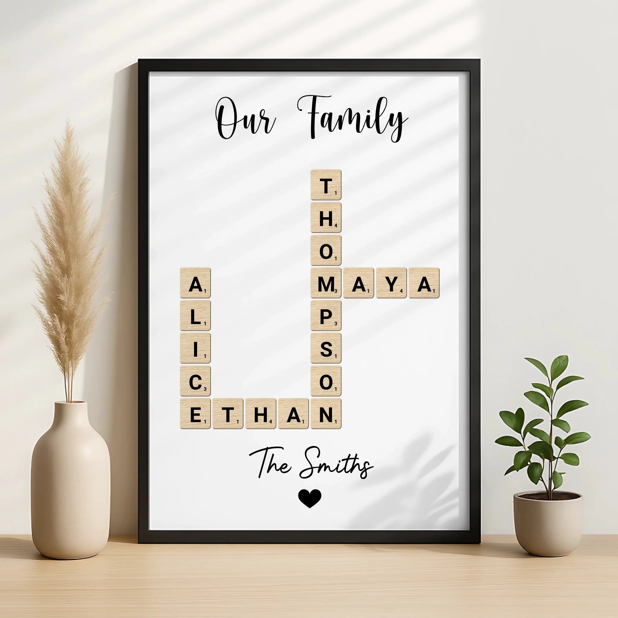 Family crossword photo frame personalised with five names