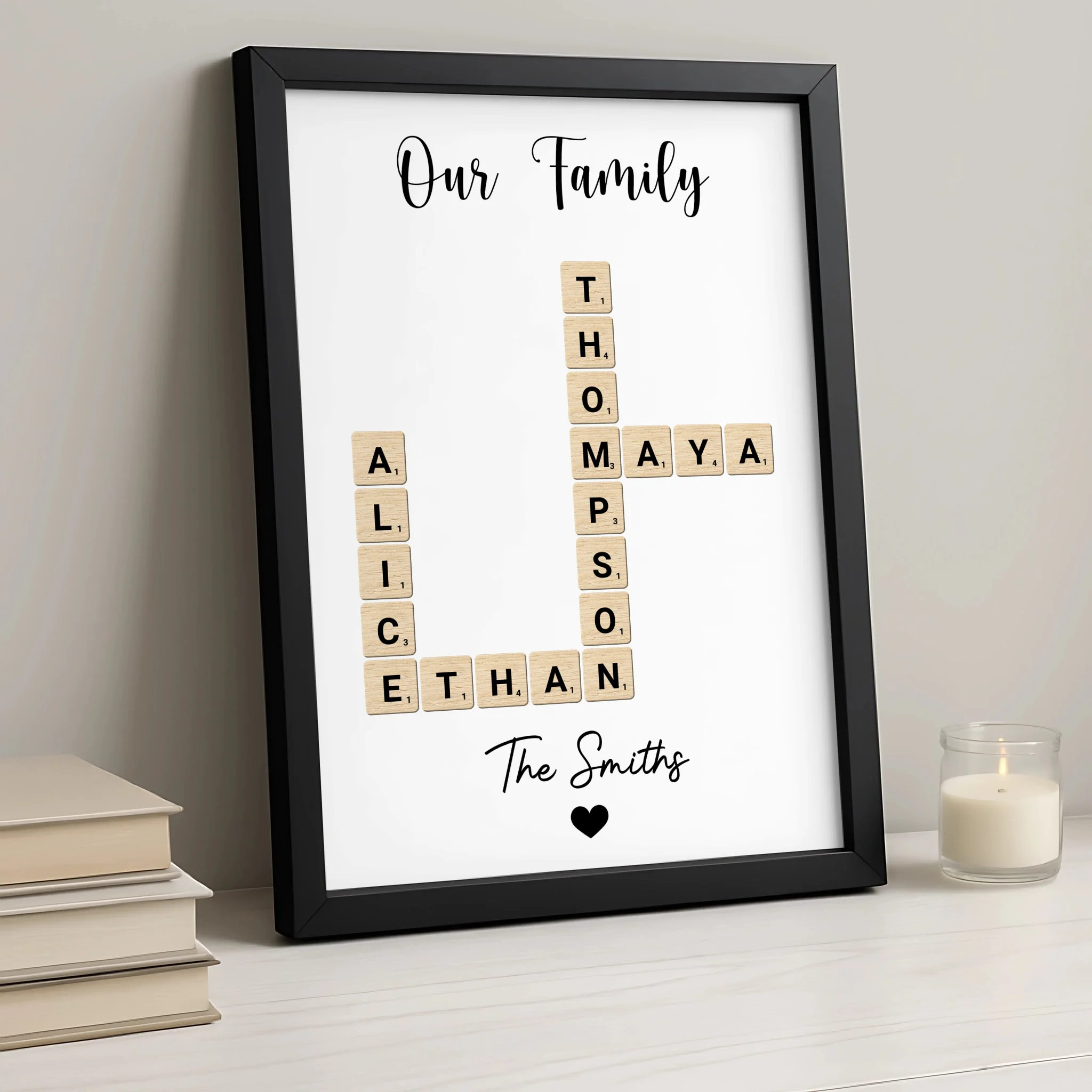 Close-up of personalised crossword photo frame showing custom name layout