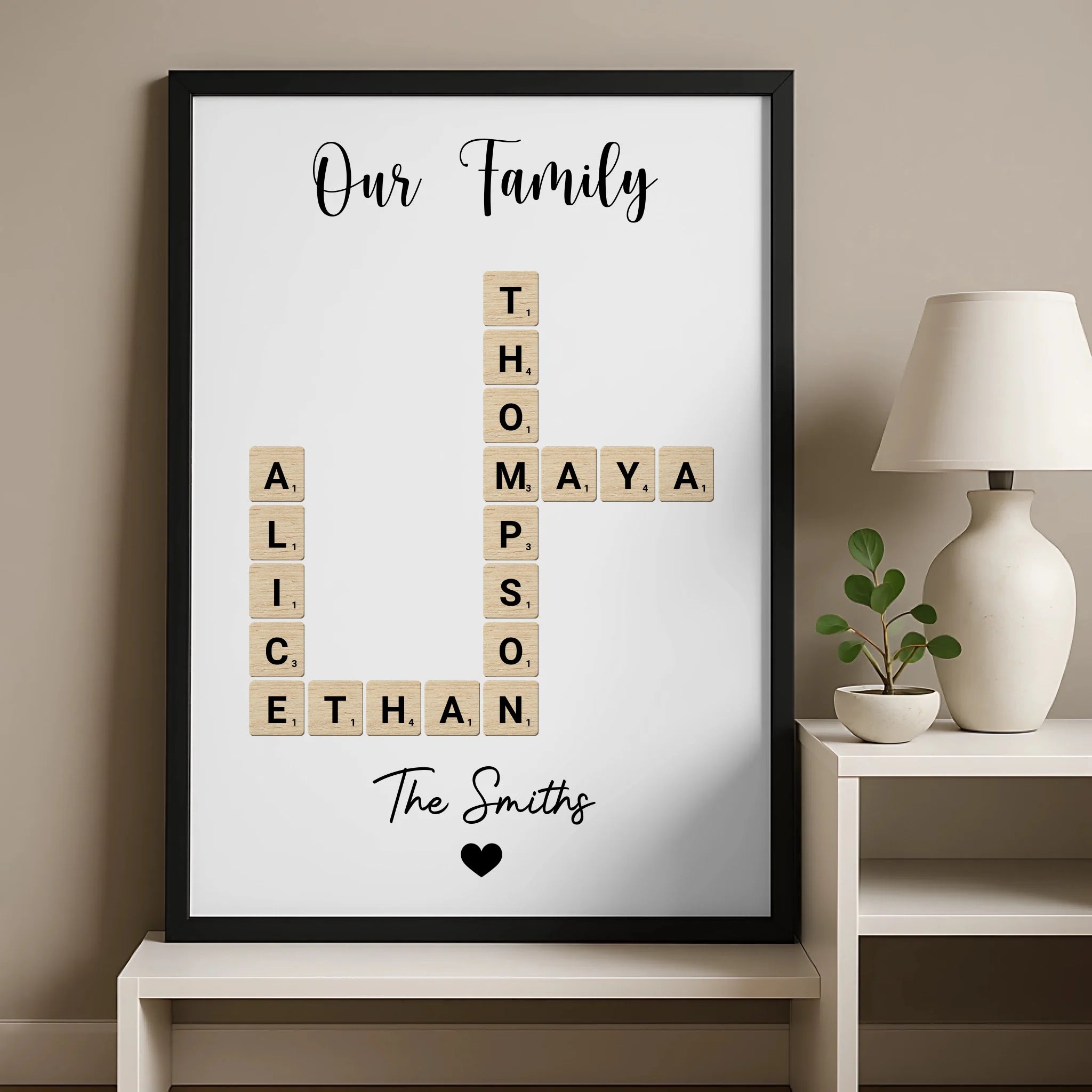 Family photo frame with crossword design showing personalised name details