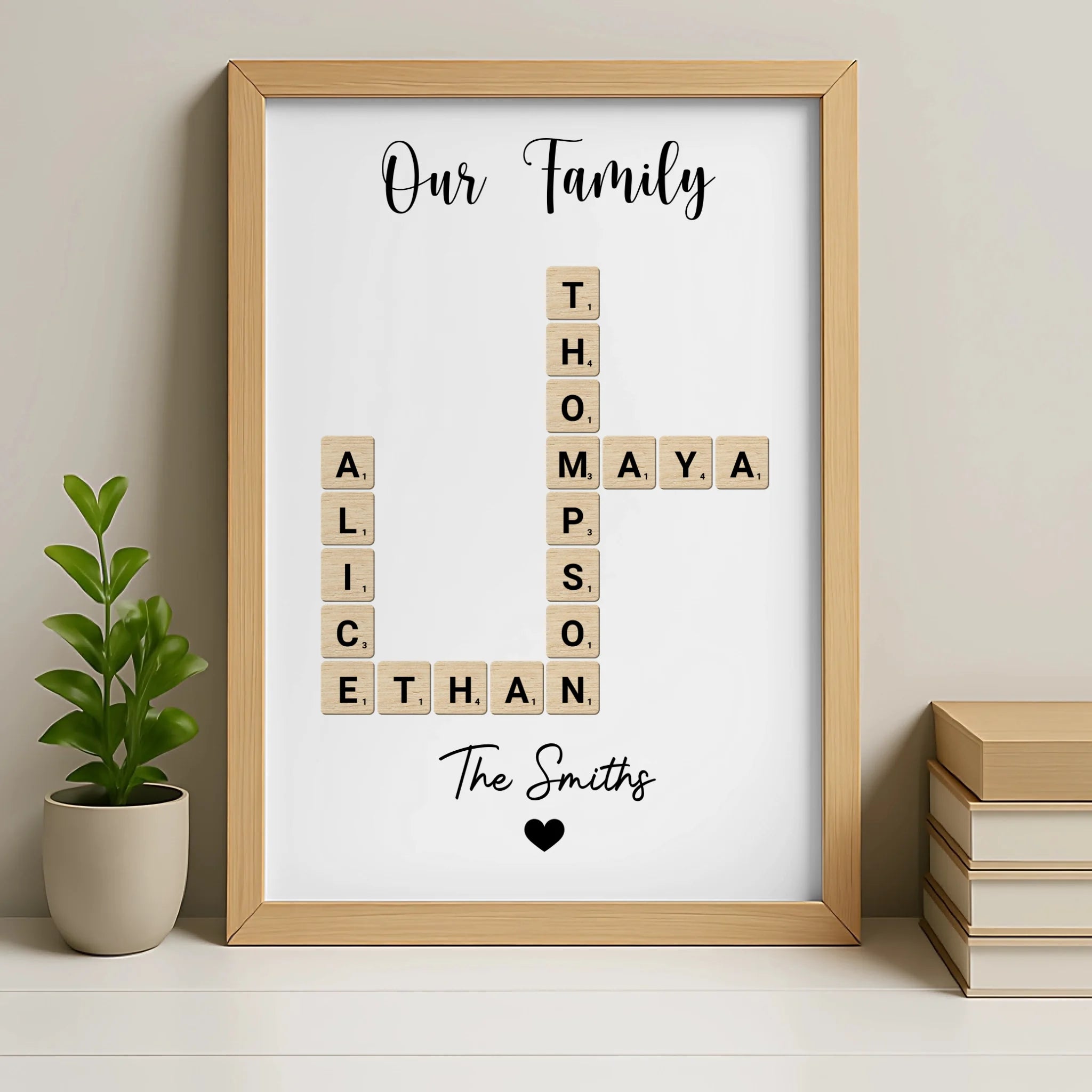 Personalised family crossword photo frame in oak finish