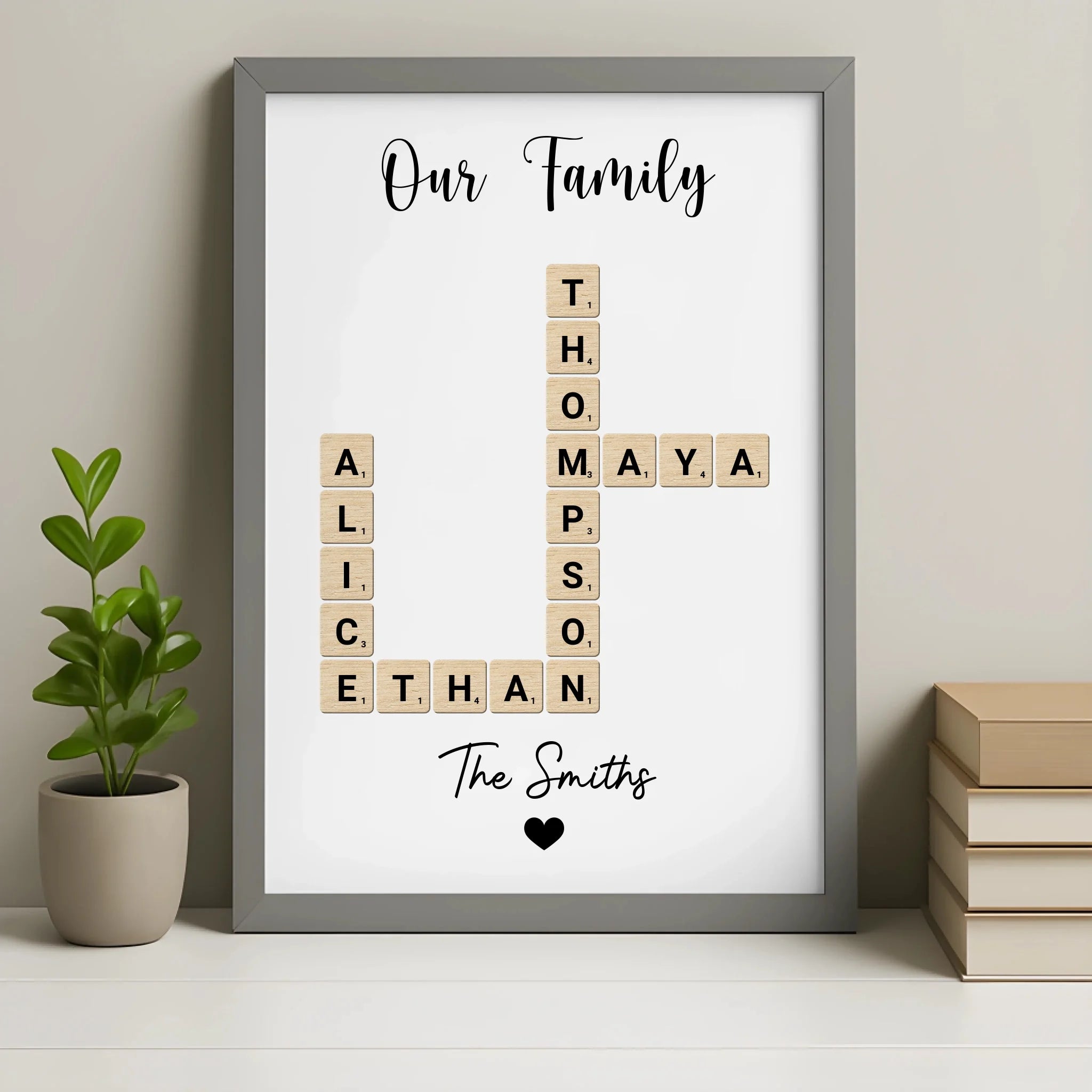 Personalised family crossword photo frame in grey finish