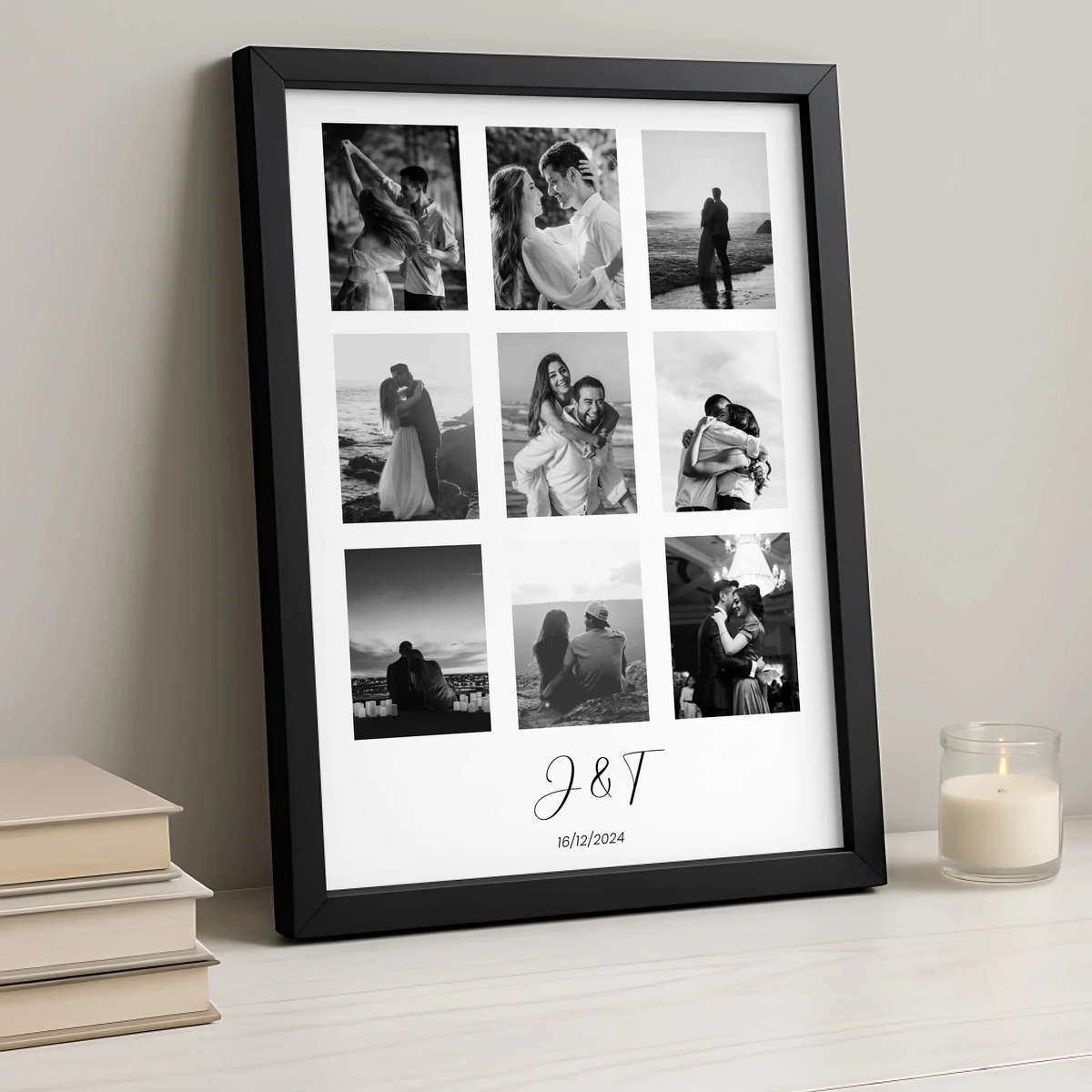 Personalised Black & White Print | 9 Photos | For Family or Couples | Custom Text