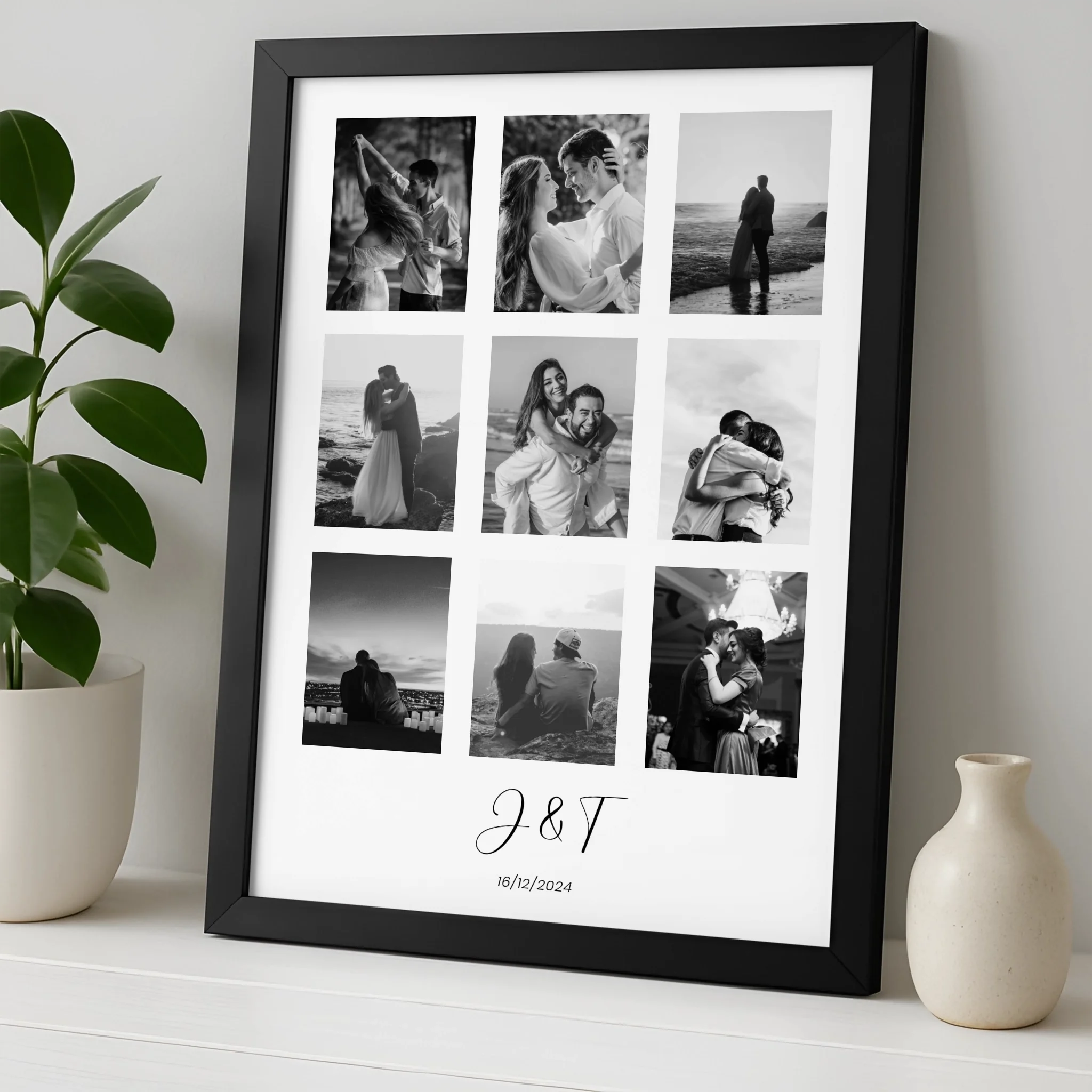 Personalised Black & White Print | 9 Photos | For Family or Couples | Custom Text
