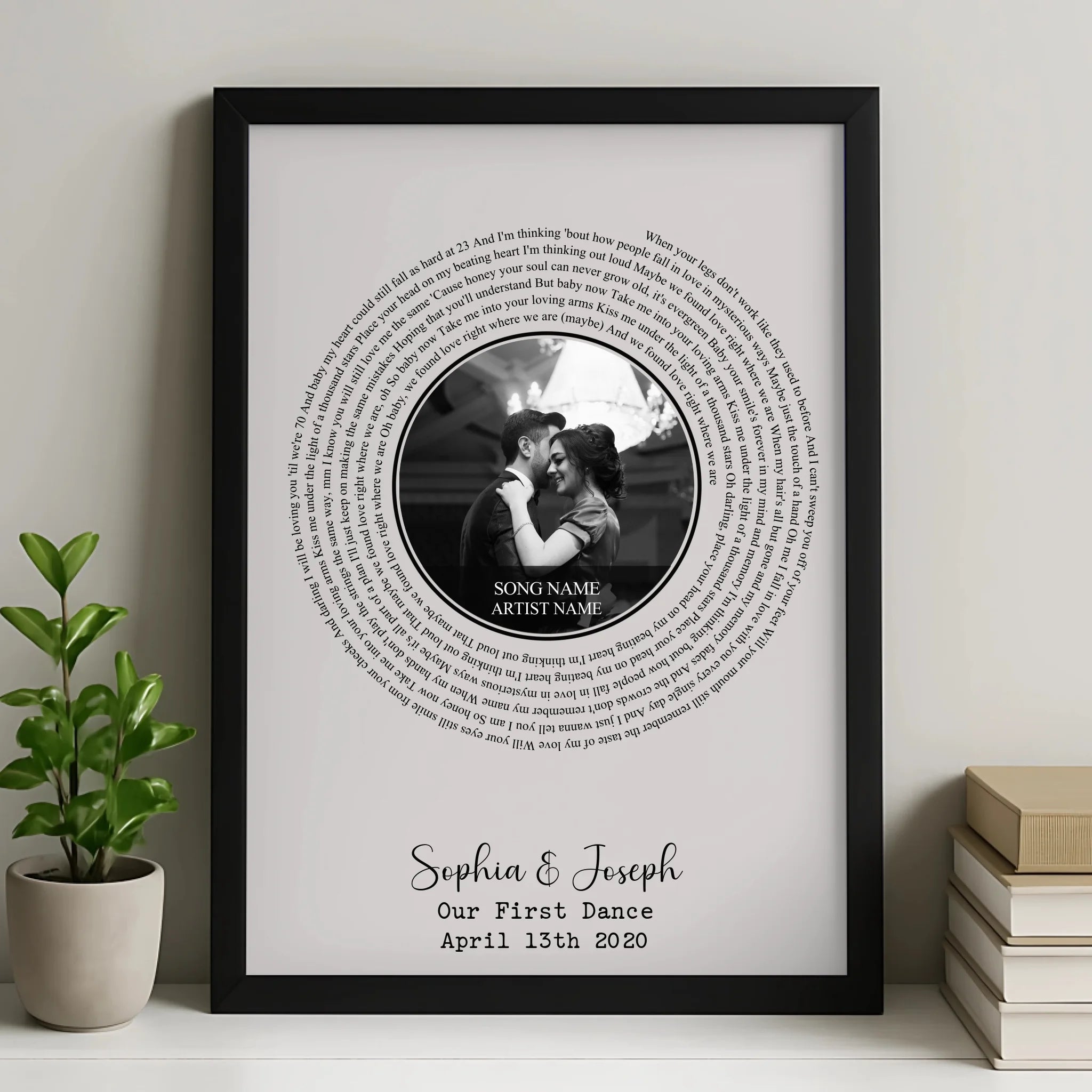 Black framed personalised wedding song lyric print with spiral lyrics, couple's photo, Sophia and Joseph, Our First Dance, Ap