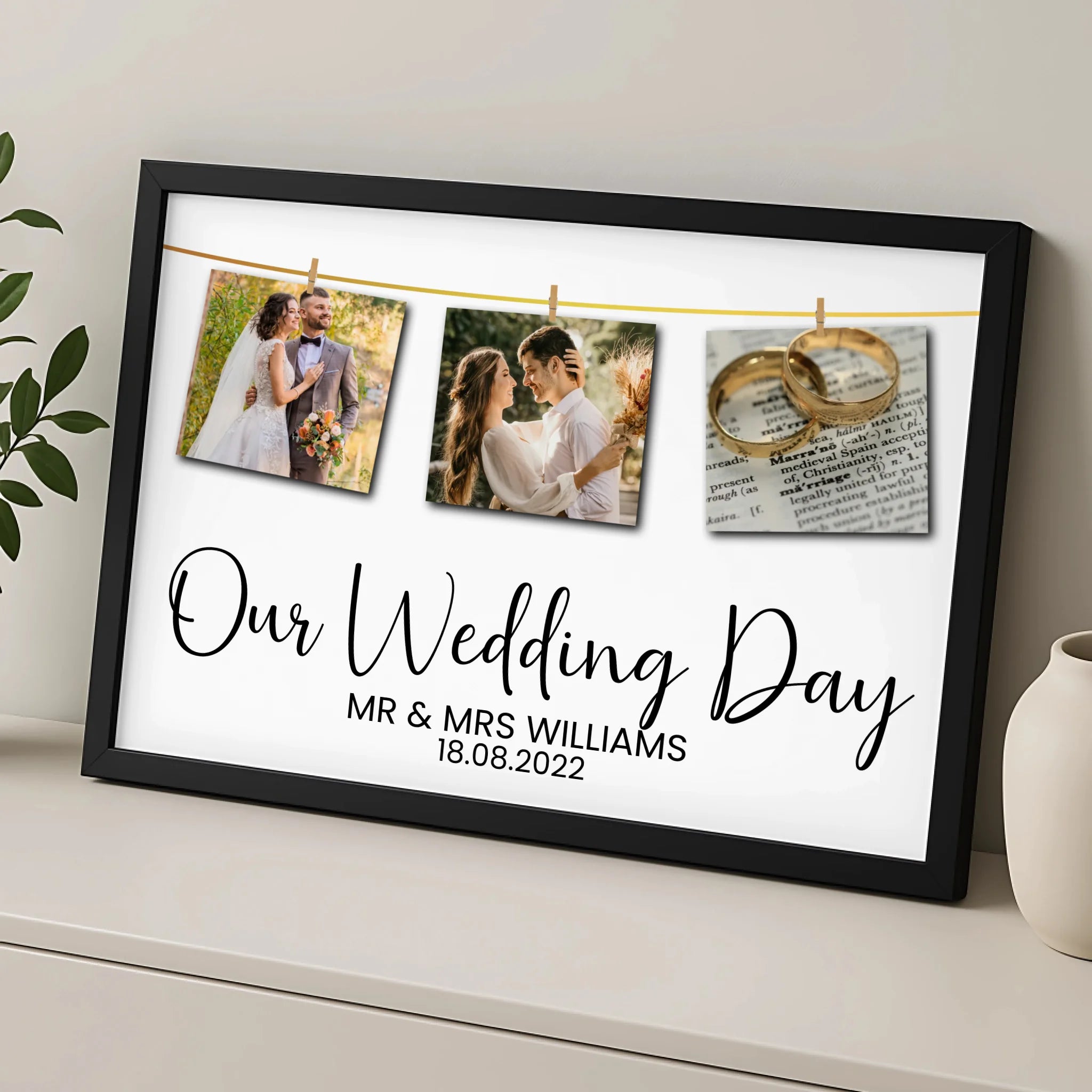 Black framed Our Wedding Day print with three pegged photos on a gold string, personalised with Mr and Mrs Williams and date 