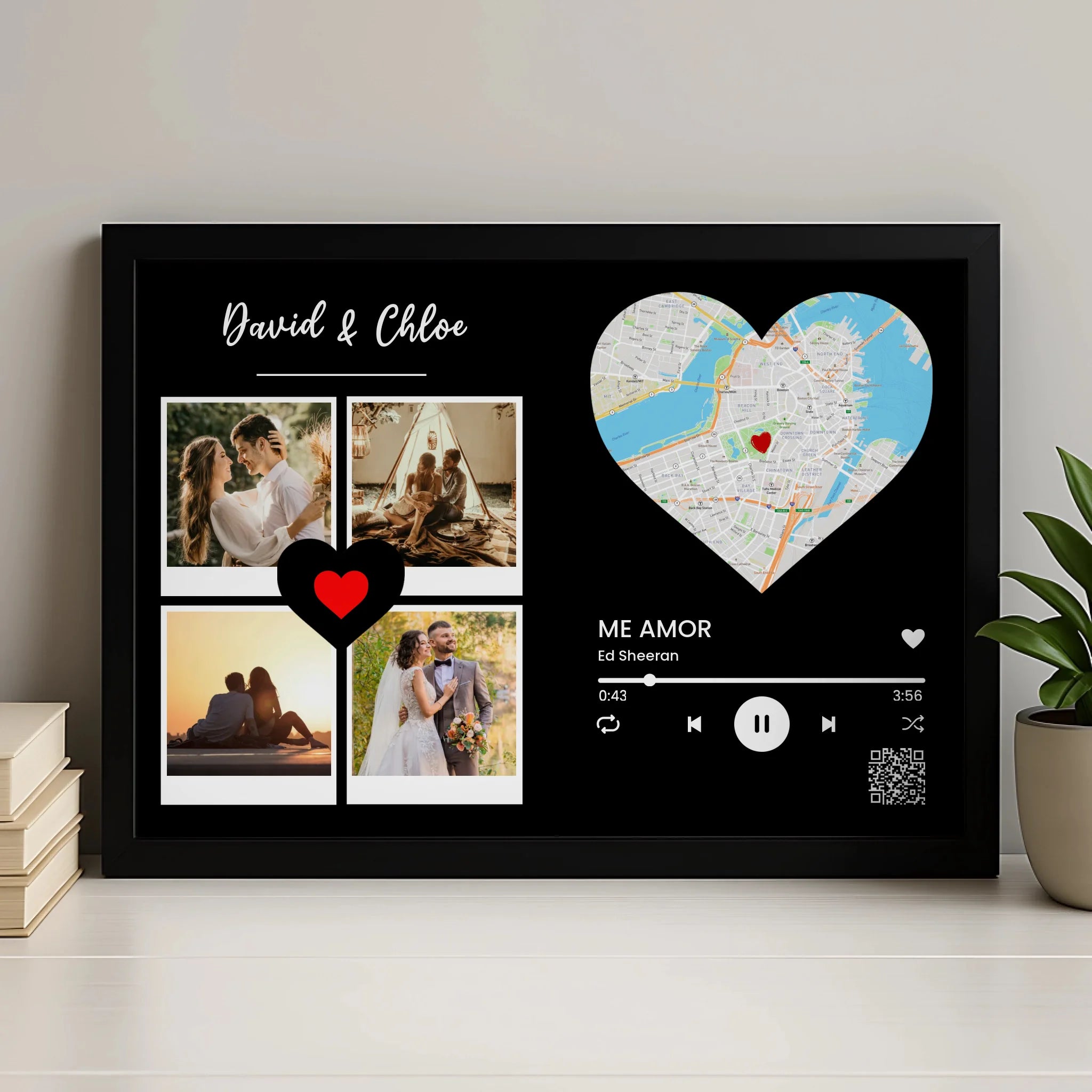Black framed personalised couple print reading David & Chloe, four couple photos, heart map, Me Amor Ed Sheeran song bar with