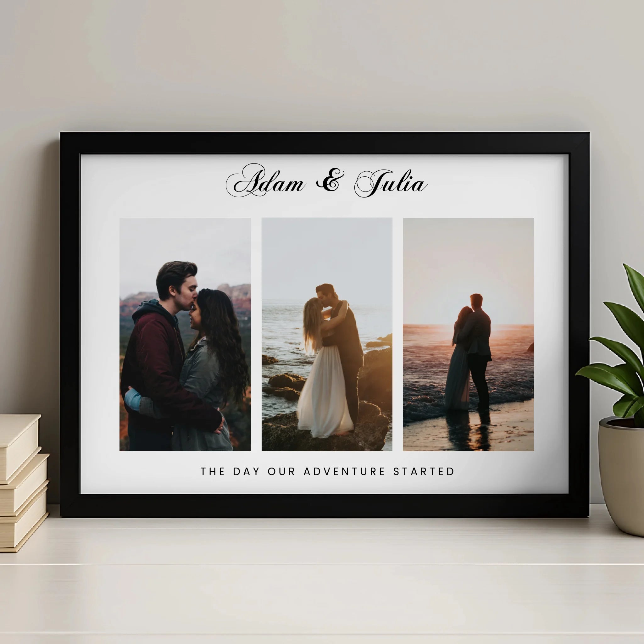 Black framed personalised 3-photo couple print reading Adam and Julia, The Day Our Adventure Started, on a white shelf.