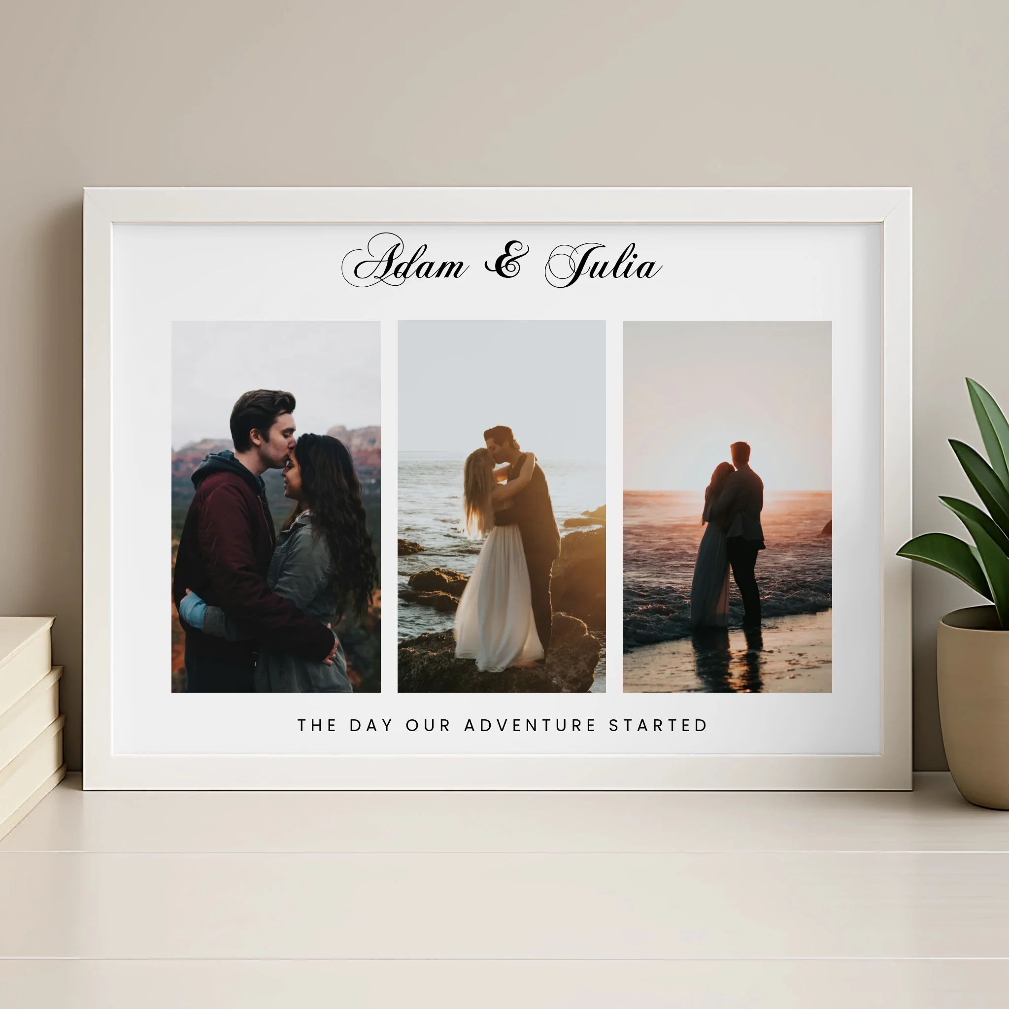 White framed personalised couple photo collage print with Adam and Julia name in script, displayed on a shelf beside a plant.