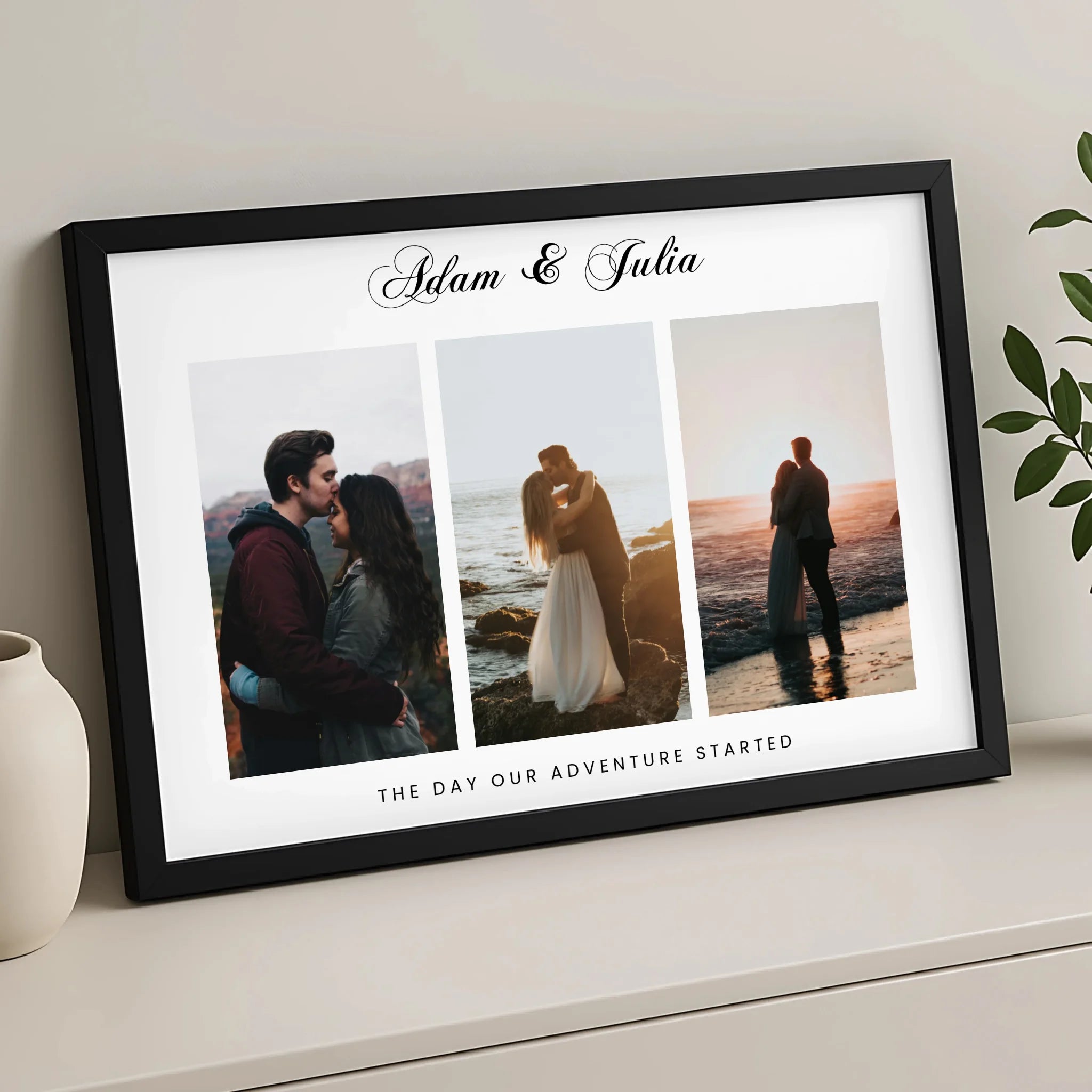 Black framed personalised couple photo collage print with name Adam and Julia and quote, leaning against a light wall.