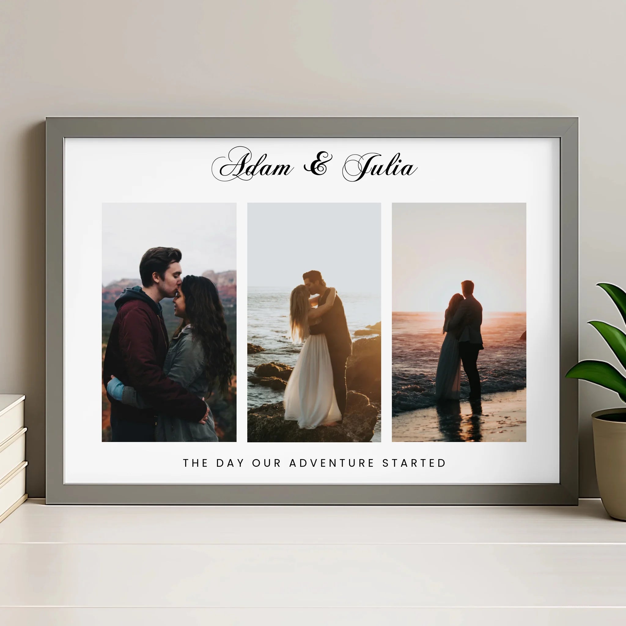 Grey framed personalised 3-photo couple print with Adam and Julia script name and quote, leaning on a shelf with a small plan