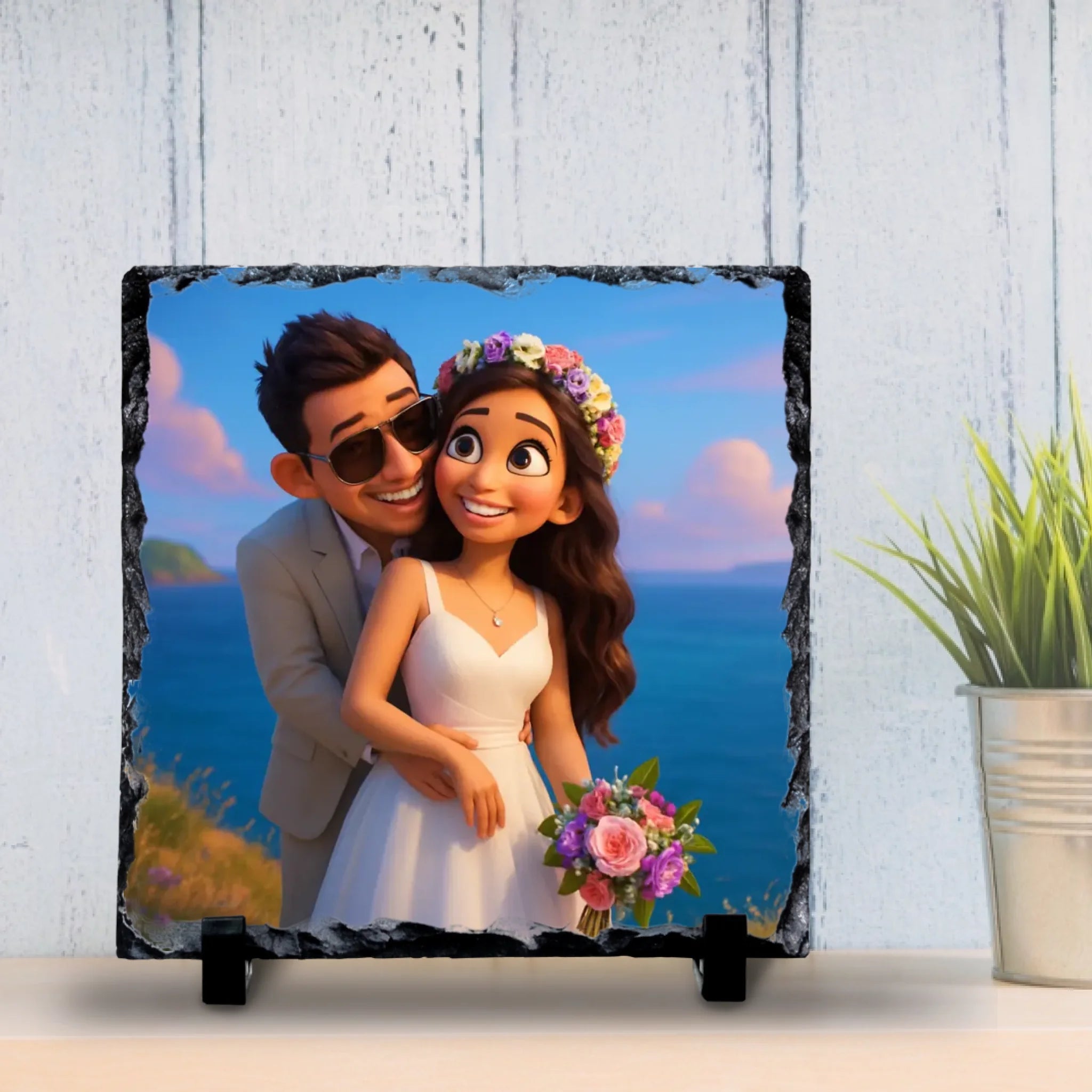 Custom Personalised Photo Slate with Cartoon Effect – Custom Animated Portrait Gift, Unique Keepsake for Couples, Family or Friends