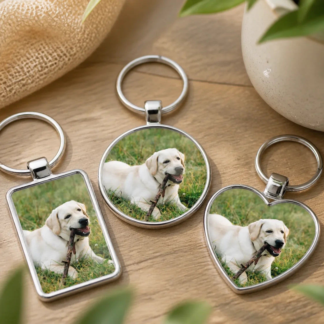 Three silver personalised photo keyrings in rectangle, circle and heart shapes, each printed with a yellow Labrador chewing a