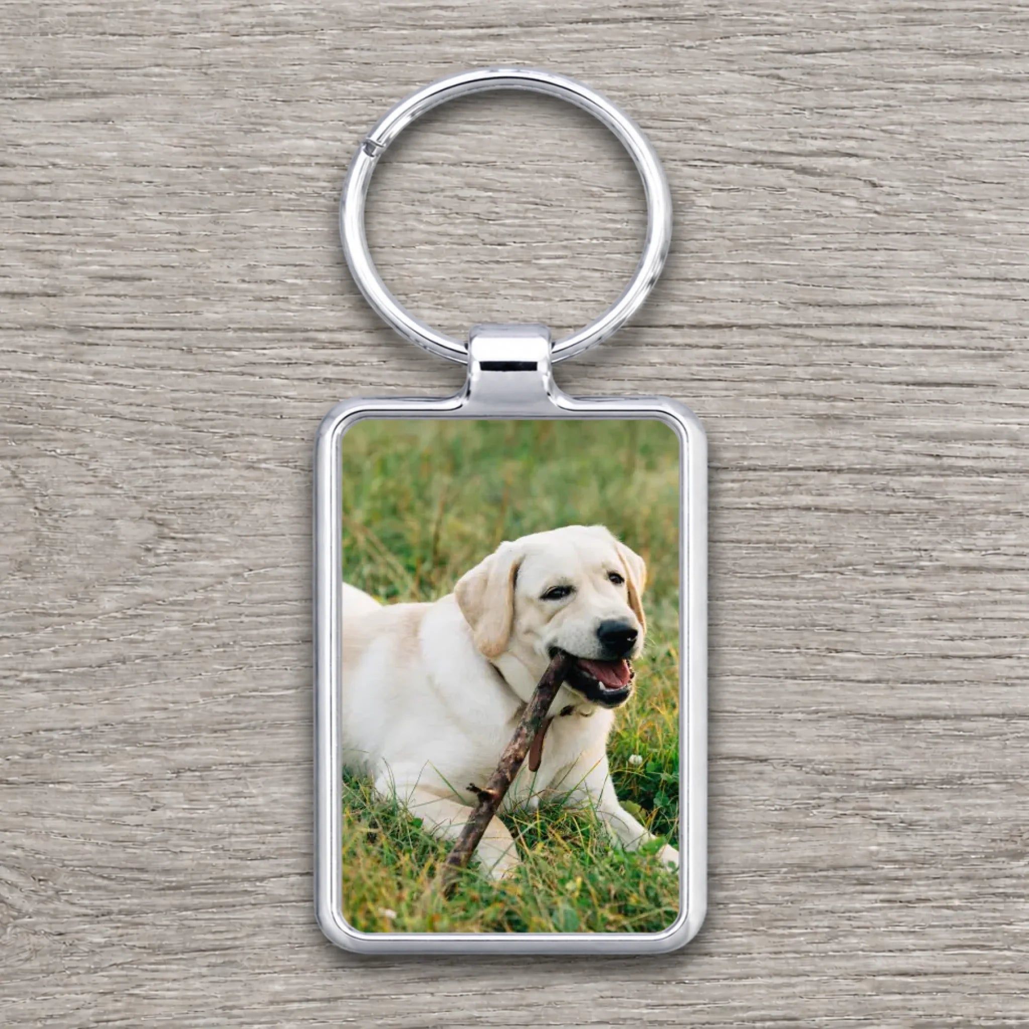 Silver rectangular personalised photo keyring printed with a close-up of a yellow Labrador on grass chewing a stick.