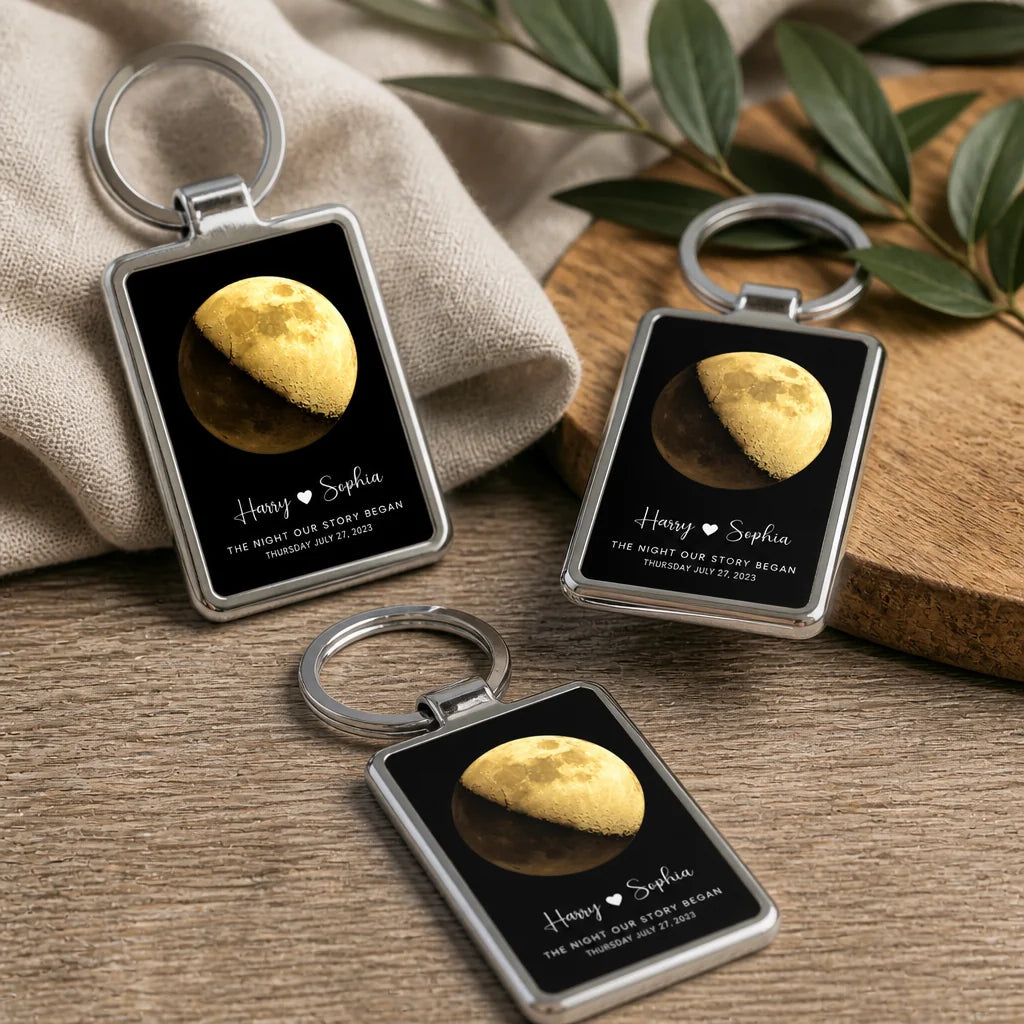 Personalised Moon Phase Keyring With Custom Names, Date & Quote