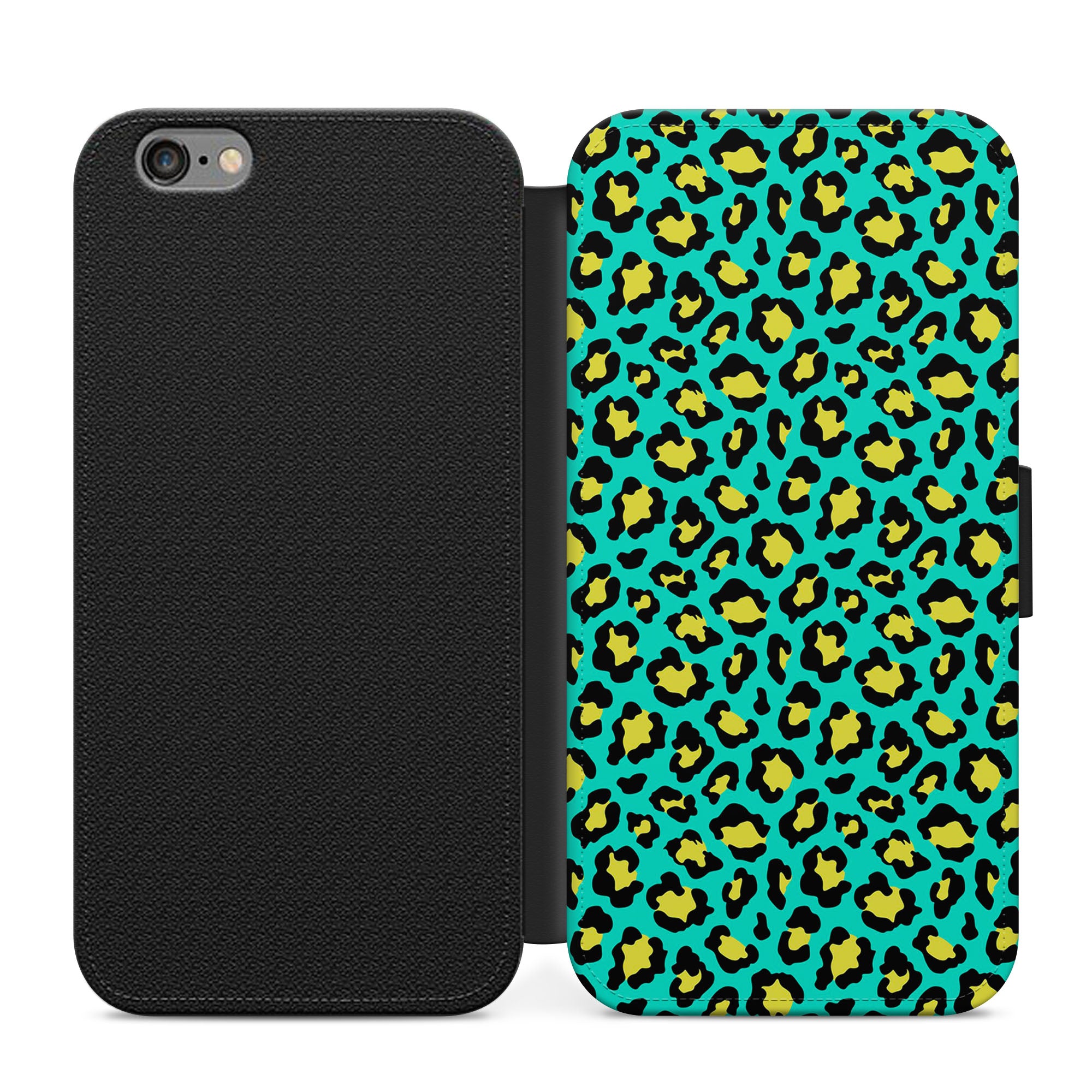 Green & Yellow Leopard Print Faux Leather Flip Case Wallet for iPhone / Samsung