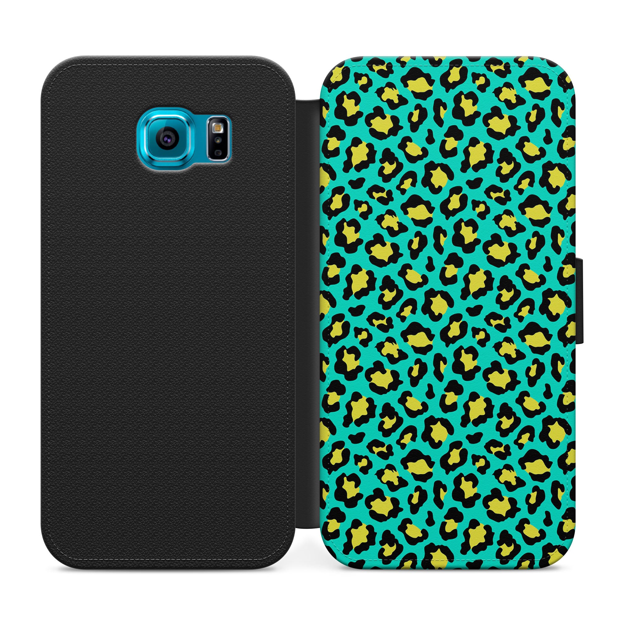 Green & Yellow Leopard Print Faux Leather Flip Case Wallet for iPhone / Samsung