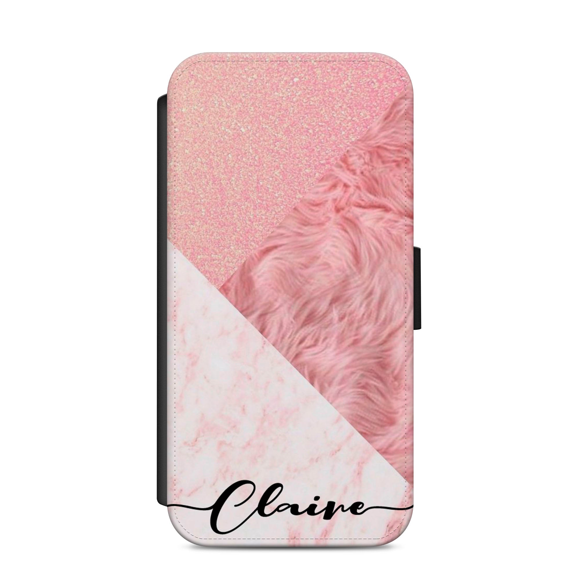 Personalised Pink Fur Faux Leather Flip Case Wallet for iPhone / Samsung