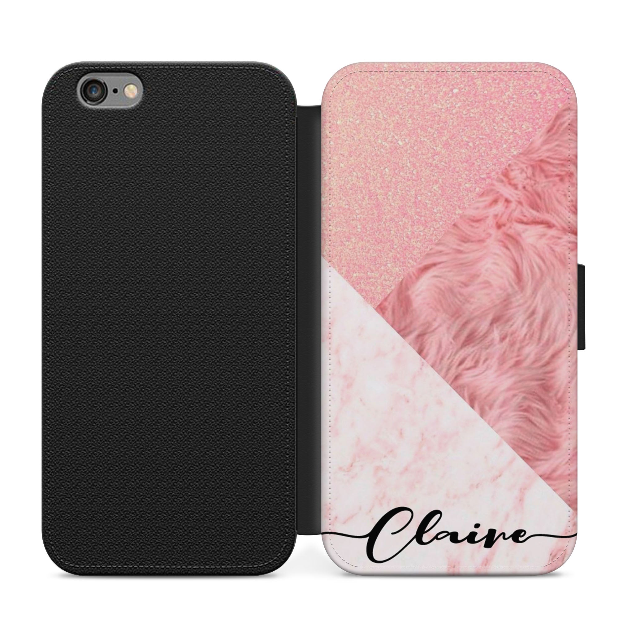 Personalised Pink Fur Faux Leather Flip Case Wallet for iPhone / Samsung