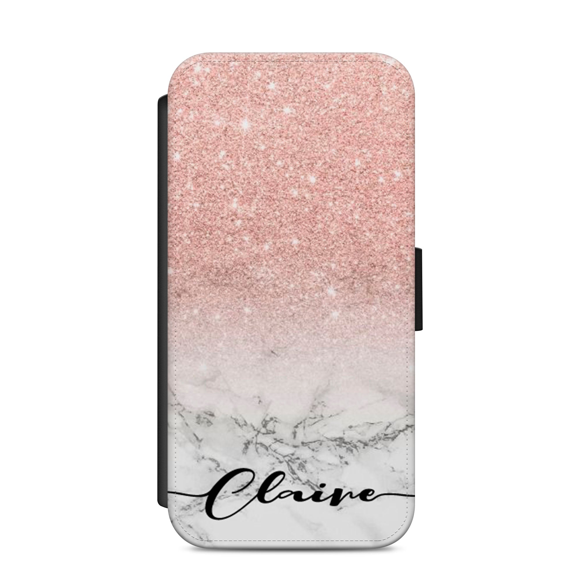 Personalised Glitter & Marble Faux Leather Flip Case Wallet for iPhone / Samsung