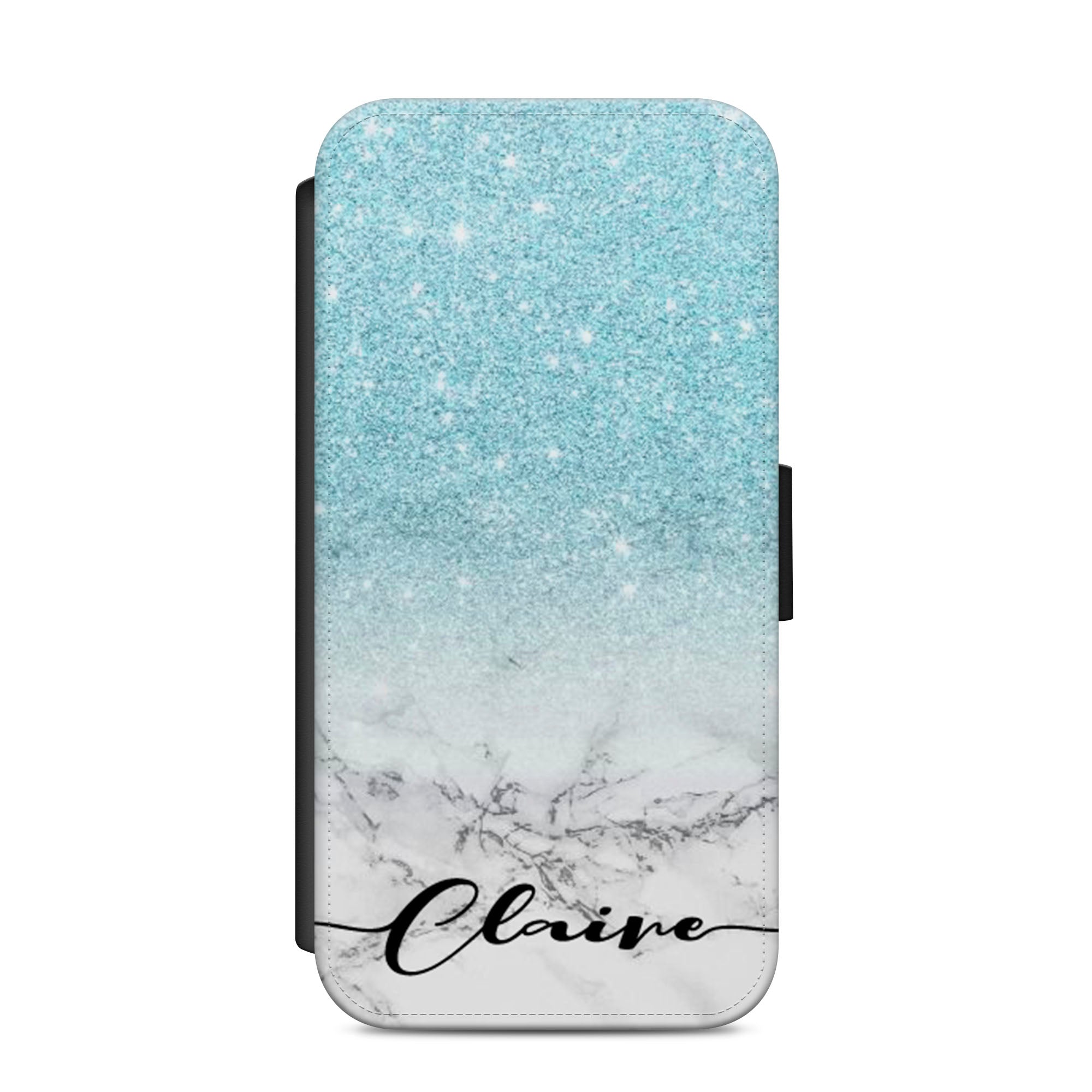 Personalised Blue Glitter On Marble Faux Leather Flip Case Wallet for iPhone / Samsung