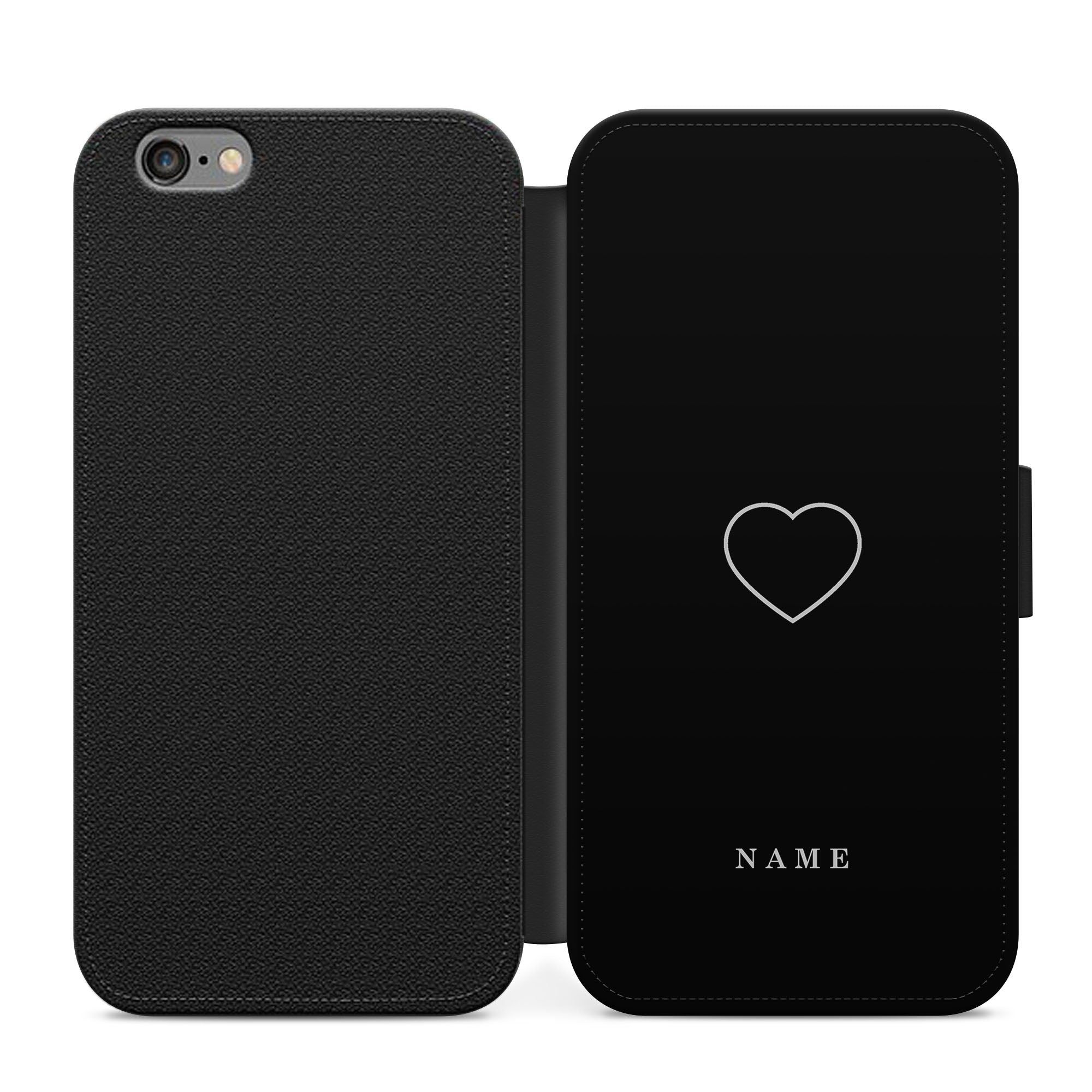 Personalised White Heart On Black Faux Leather Flip Case Wallet for iPhone / Samsung