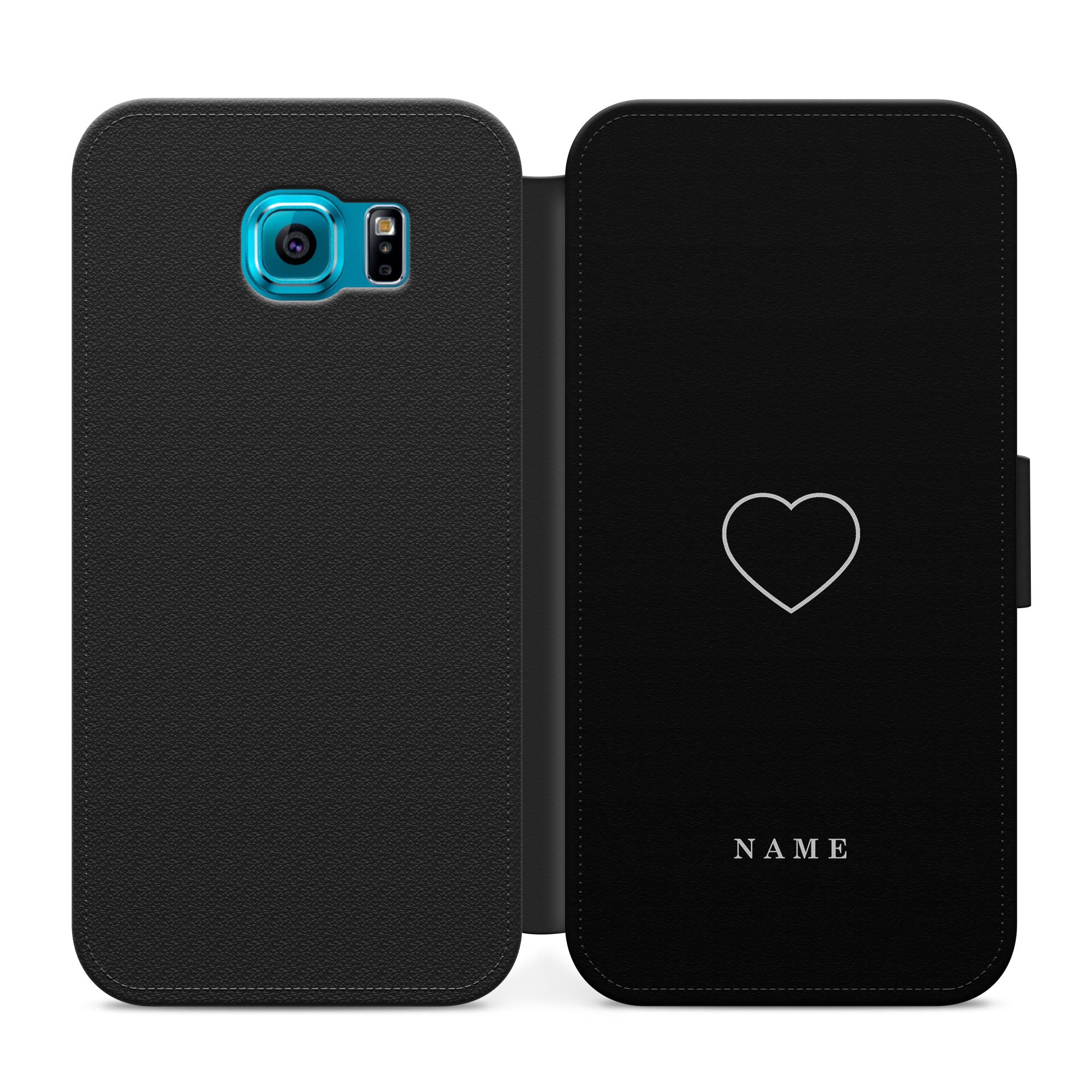 Personalised White Heart On Black Faux Leather Flip Case Wallet for iPhone / Samsung
