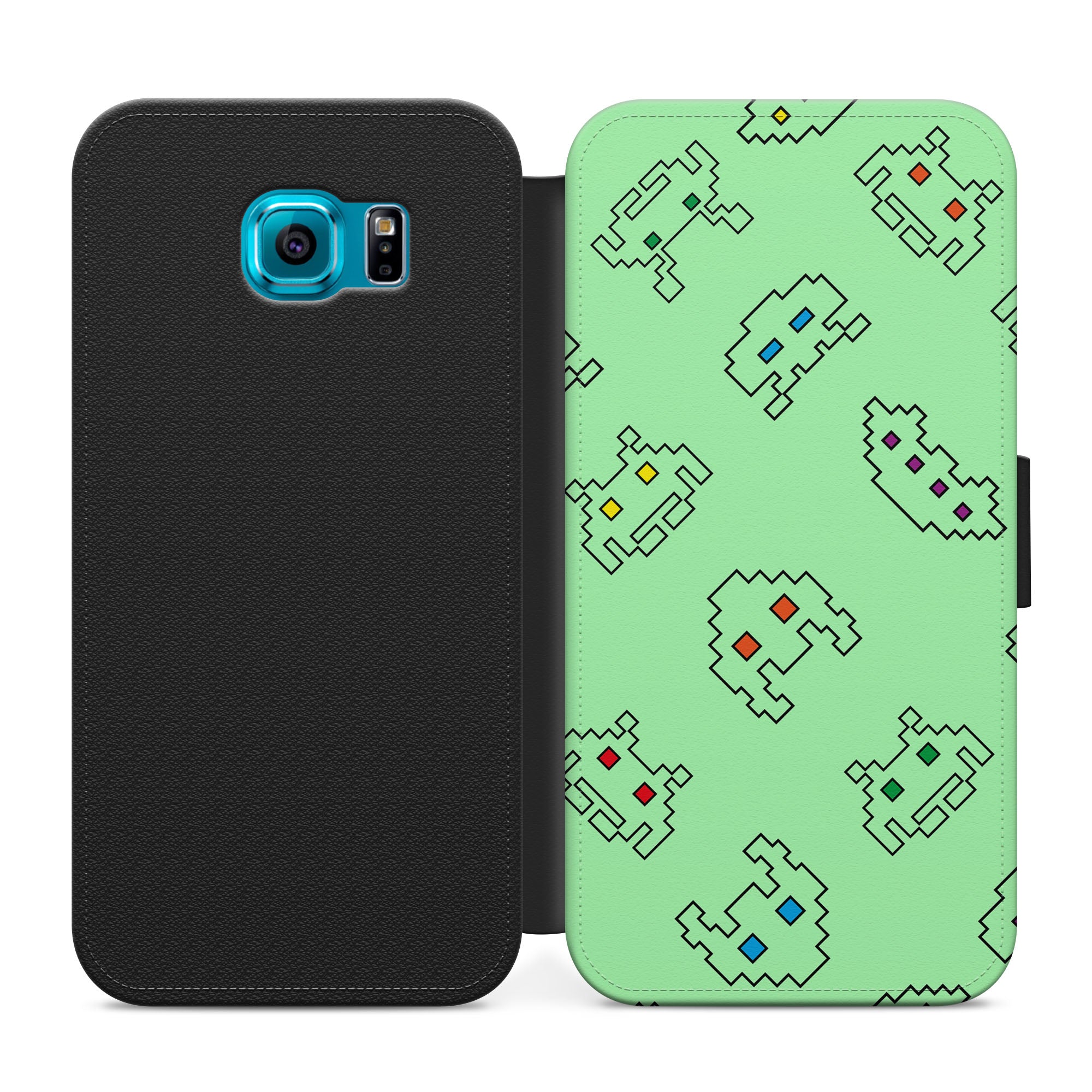Green Space Invader Retro Gaming Faux Leather Flip Case Wallet for iPhone / Samsung