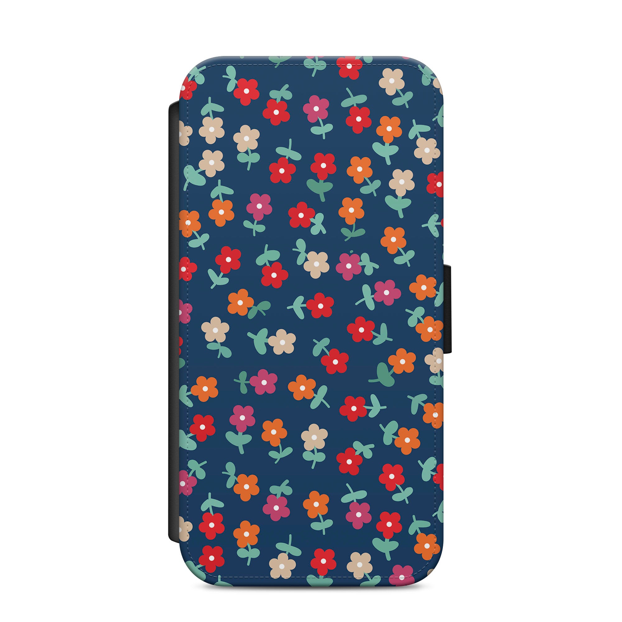 Navy Blue Floral Pattern Faux Leather Flip Case Wallet for iPhone / Samsung