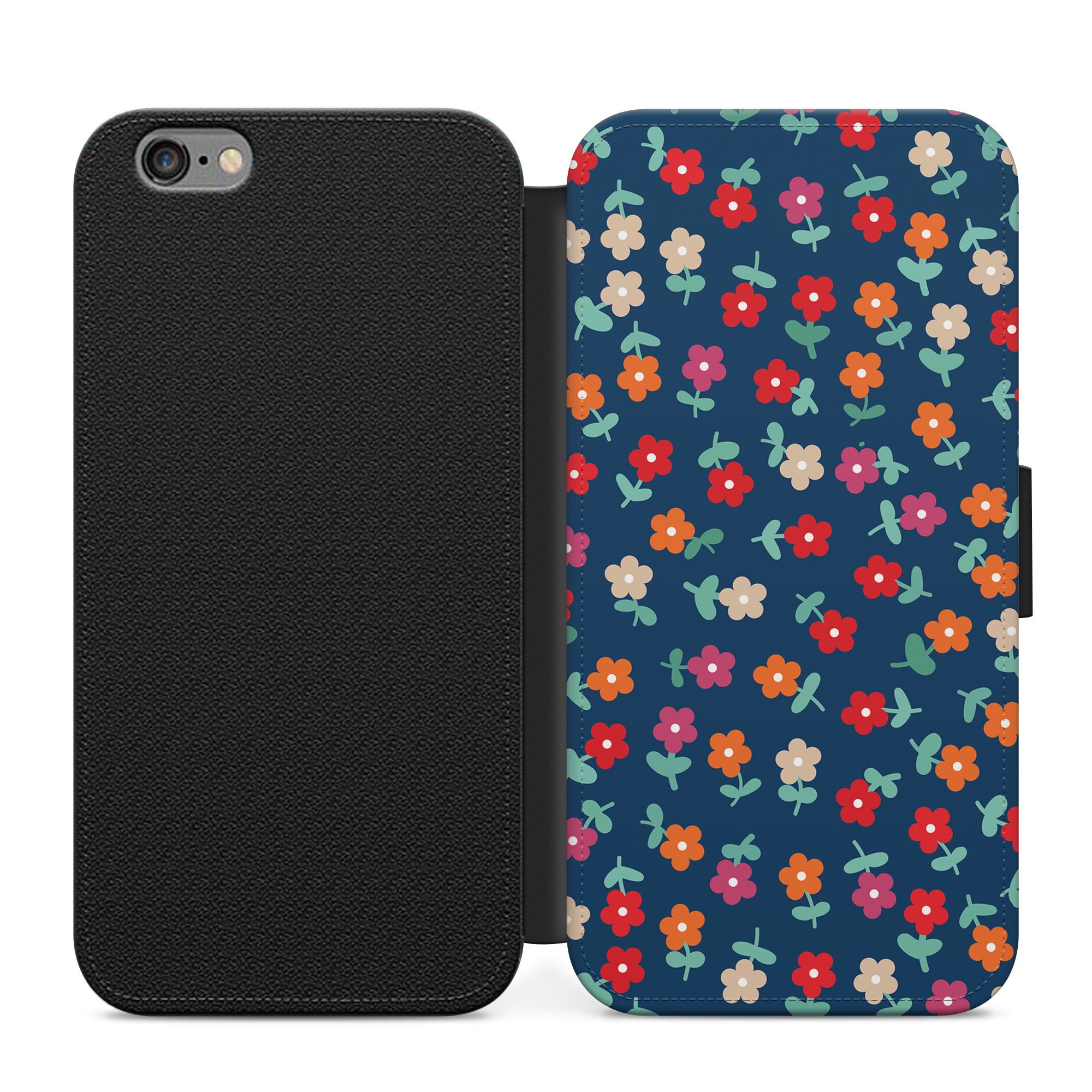 Navy Blue Floral Pattern Faux Leather Flip Case Wallet for iPhone / Samsung