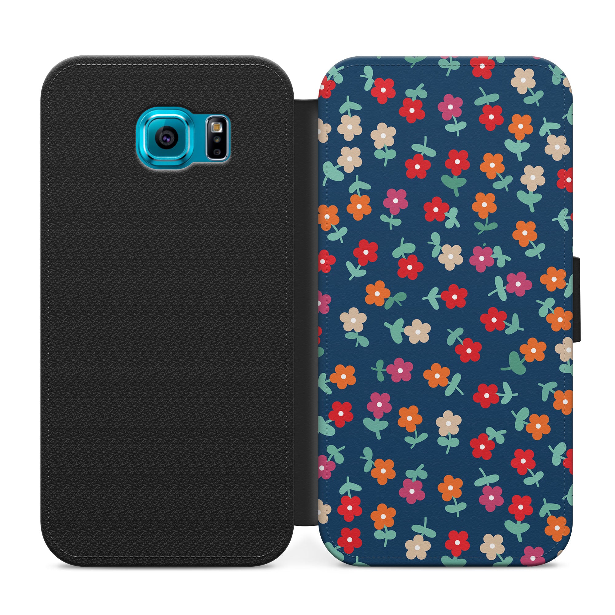 Navy Blue Floral Pattern Faux Leather Flip Case Wallet for iPhone / Samsung