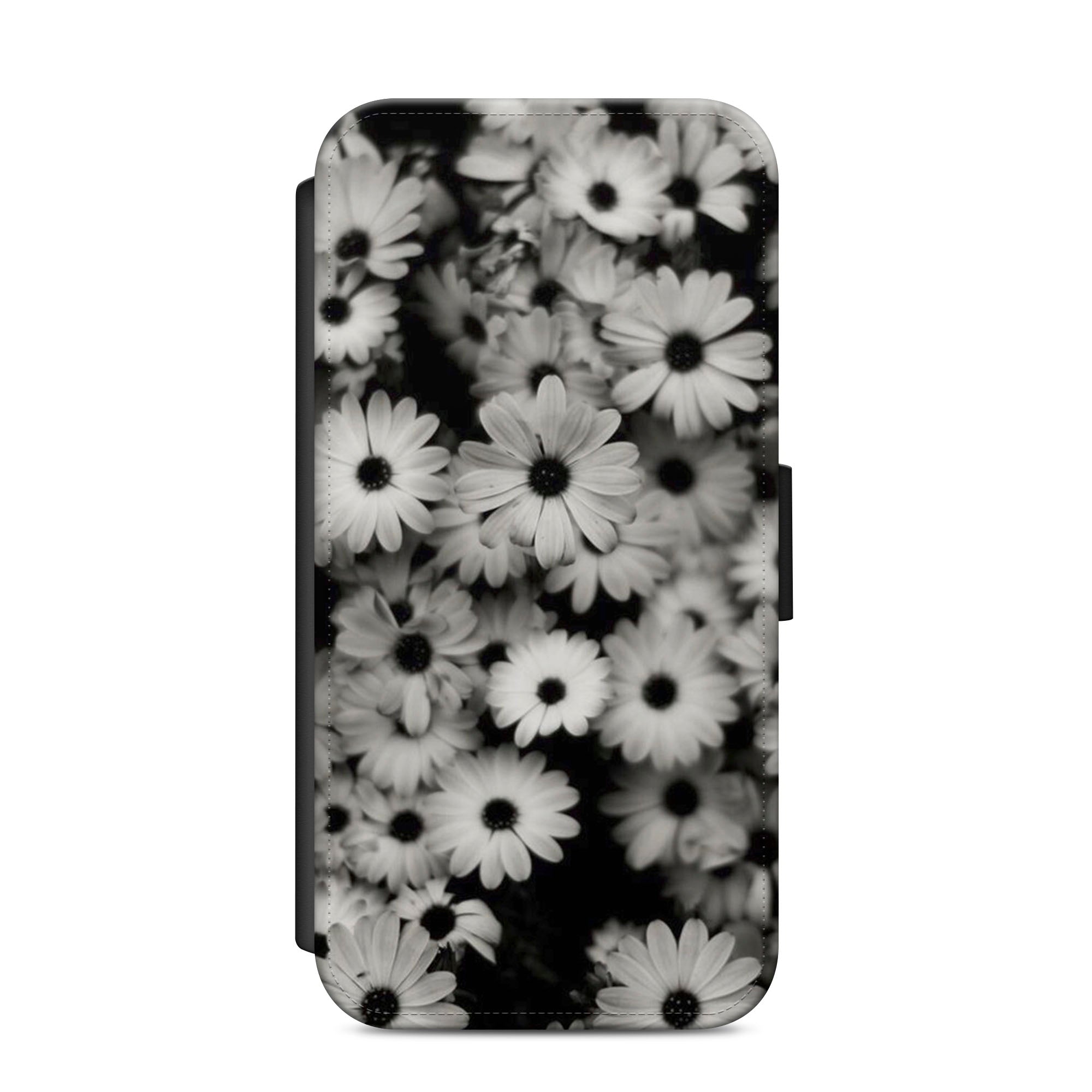 Black & White Daisies Floral Faux Leather Flip Case Wallet for iPhone / Samsung