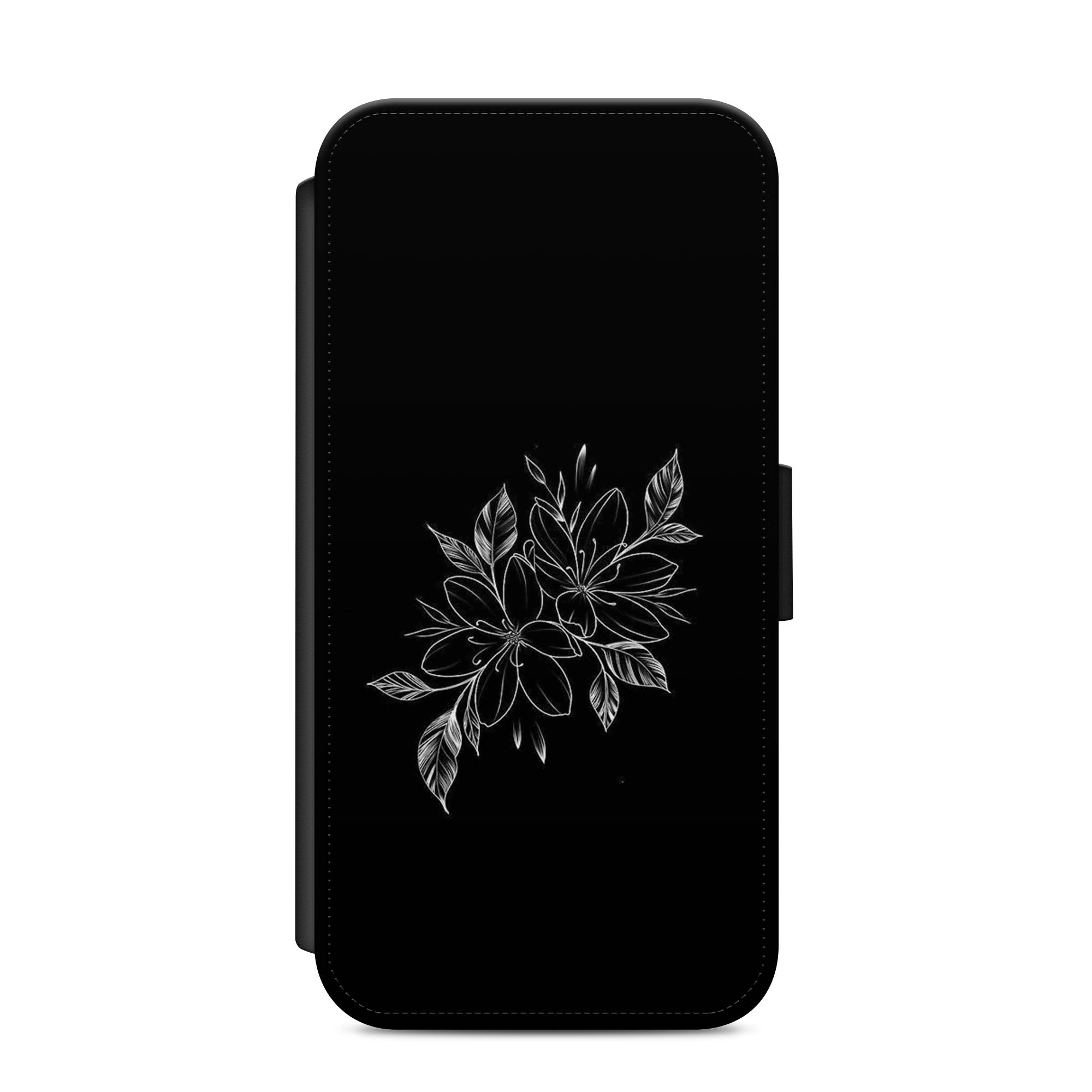 Black & White Floral Faux Leather Flip Case Wallet for iPhone / Samsung