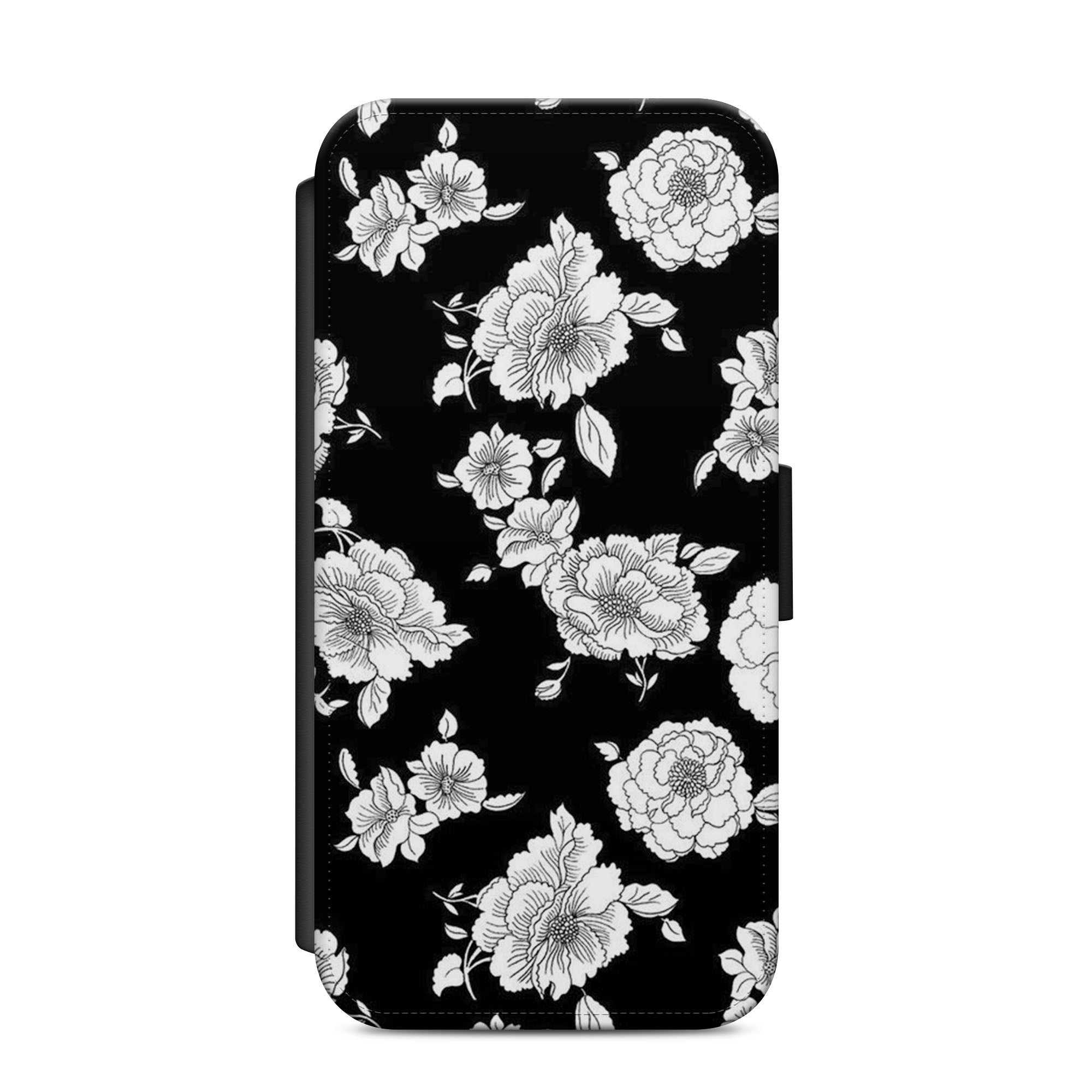 Black & White Roses Faux Leather Flip Case Wallet for iPhone / Samsung