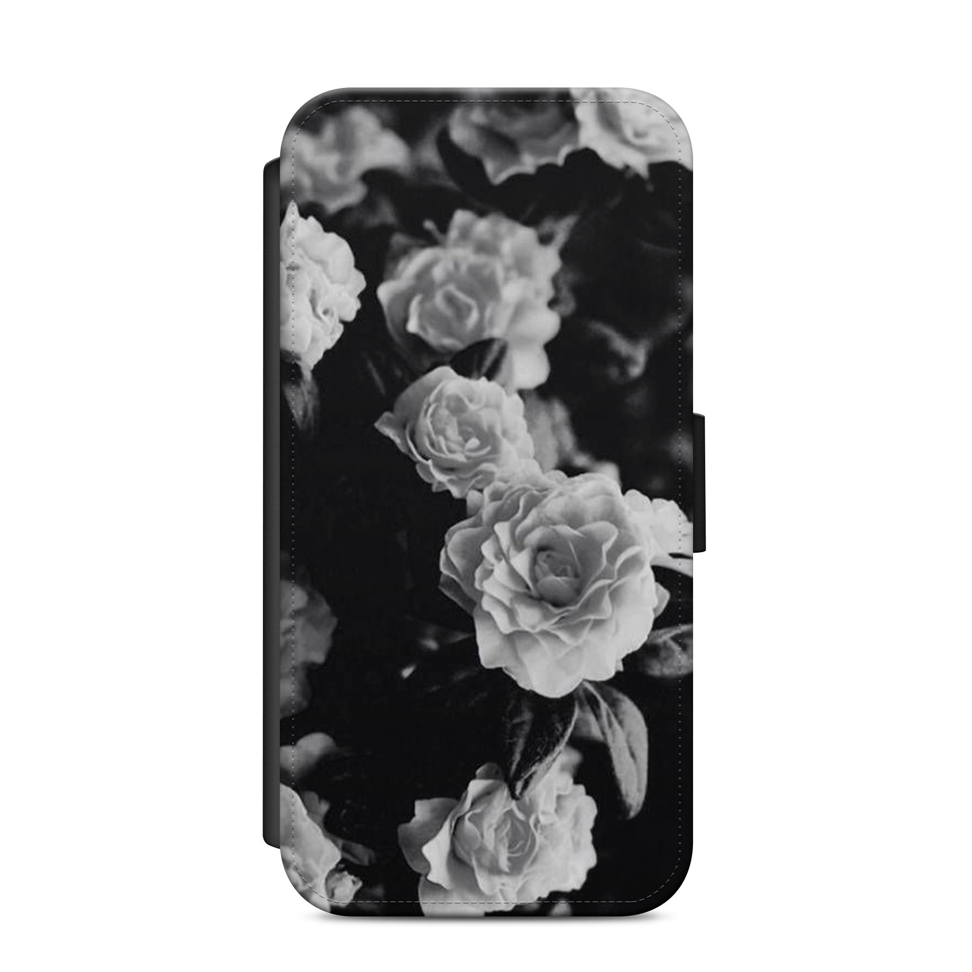 Black & White Floral Rubber Faux Leather Flip Case Wallet for iPhone / Samsung