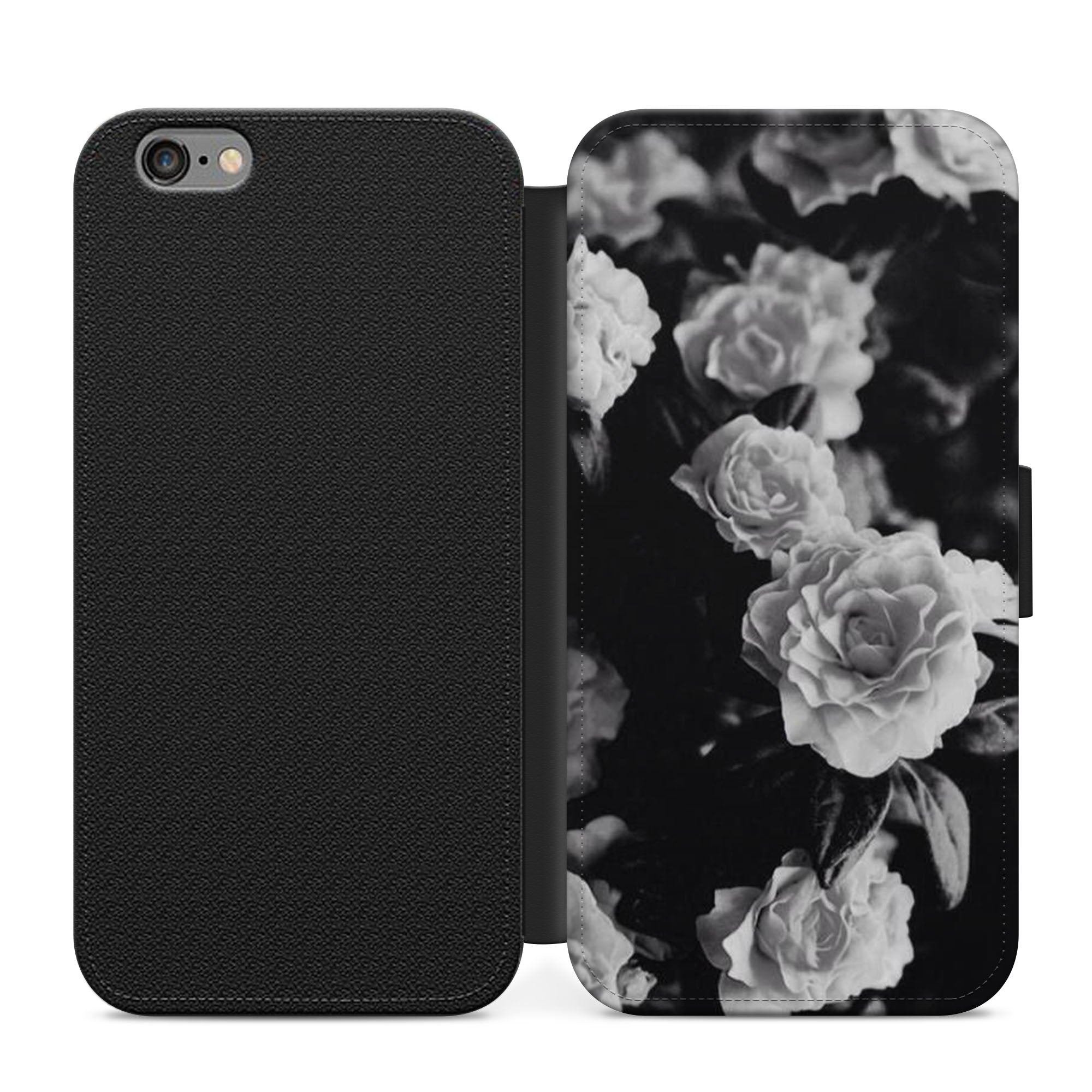 Black & White Floral Rubber Faux Leather Flip Case Wallet for iPhone / Samsung